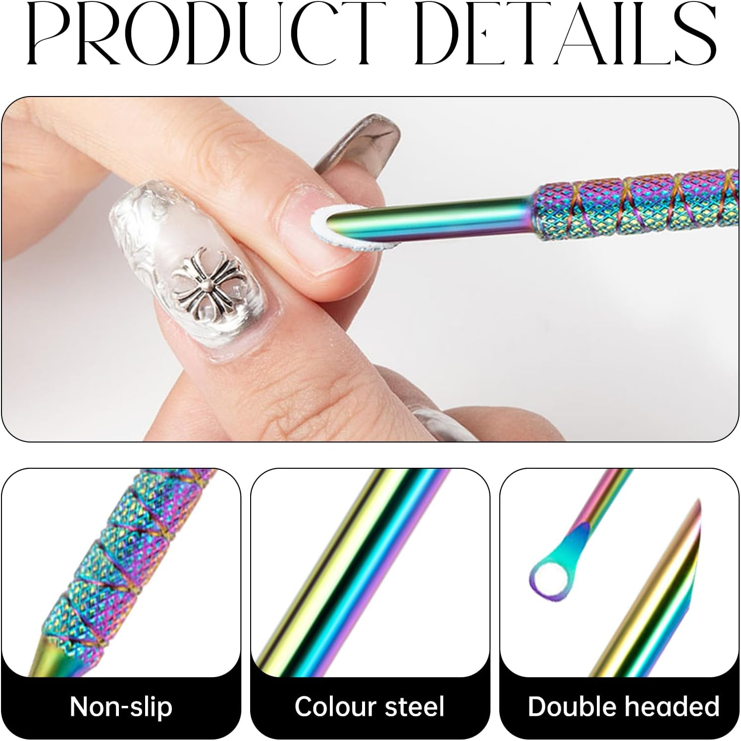 Cuticle Pusher,Stainless 2-In-1 Dual Nail Cuticle Remover,Etching Manicure Scraper Tools Kit Trimmer with 5 Professional Sandpaper,Cuticles Care Pushers Tool for Pedicure (Coloured Pusher) image number 1