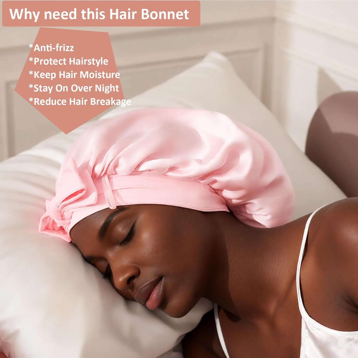Areaphmet Silk Bonnet for Sleeping Women Adjustable Single Layer 100% Silk Hair Bonnet Reduce Friction Prevent Frizz for Natural Curly Hair-Pink image number 4