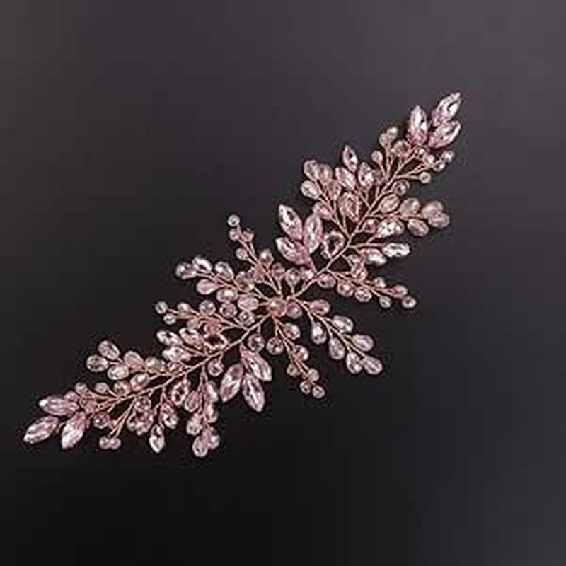 Bride Hair Accessories Pink Crystal Hair Vine Gold Headband Evening Party Prom Women Hair Piece Vintage Wedding (Pink, One Size) image number 2