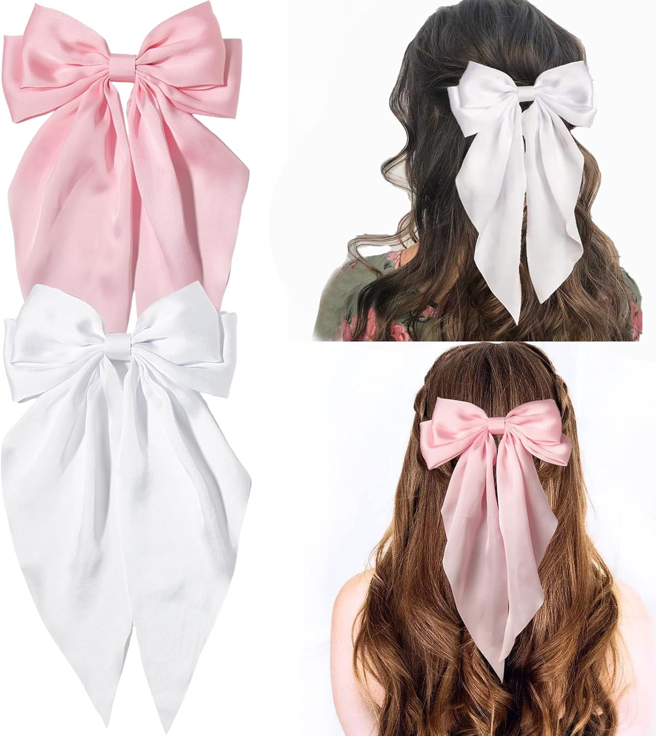 Kinretixia&reg; 2 Pieces Hair Bow Clips for Women Large Satin Hair Bows Long Tail Alligator Clips Big Hair Bow Girls Hair Pink/White image number 1
