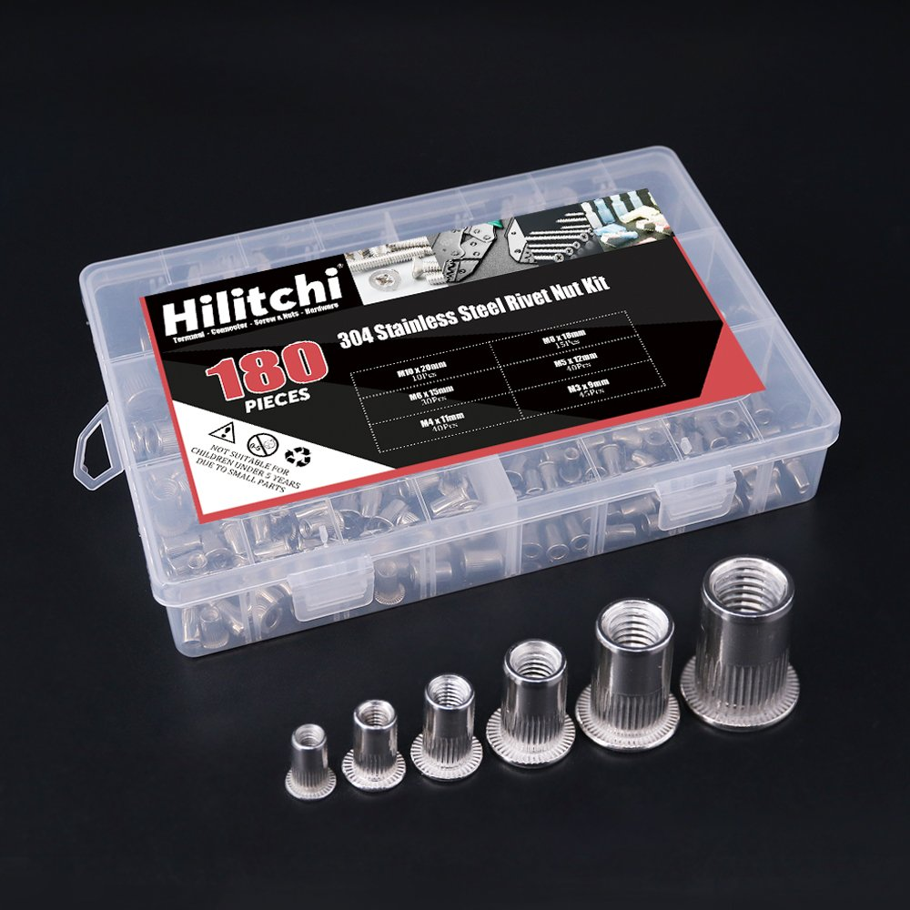 Hilitchi 180-PCS M3 M4 M5 M6 M8 M10 Flat Head Rivet Nut Threaded Rivetnut Insert Nutsert Assortment Kit- 304 Stainless Steel image number 6