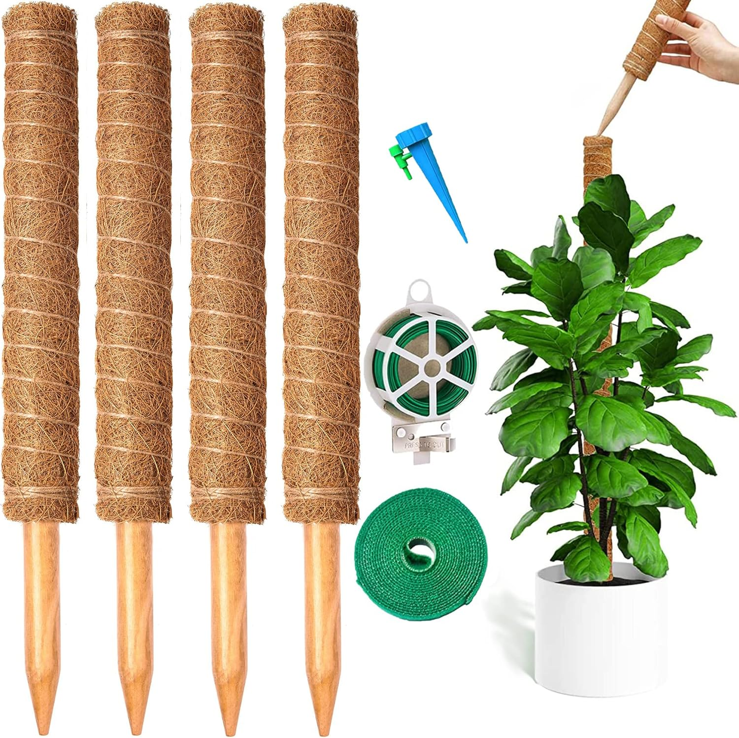4 Pack Moss Pole for Plants Monstera, 15.7 Inch Plant Stakes Support Plant Coconut Silk Climbing Pole Coco Sticks with Garden Ties for Indoors Outdoor Plants Climbing Plants Growth (4 PCS)