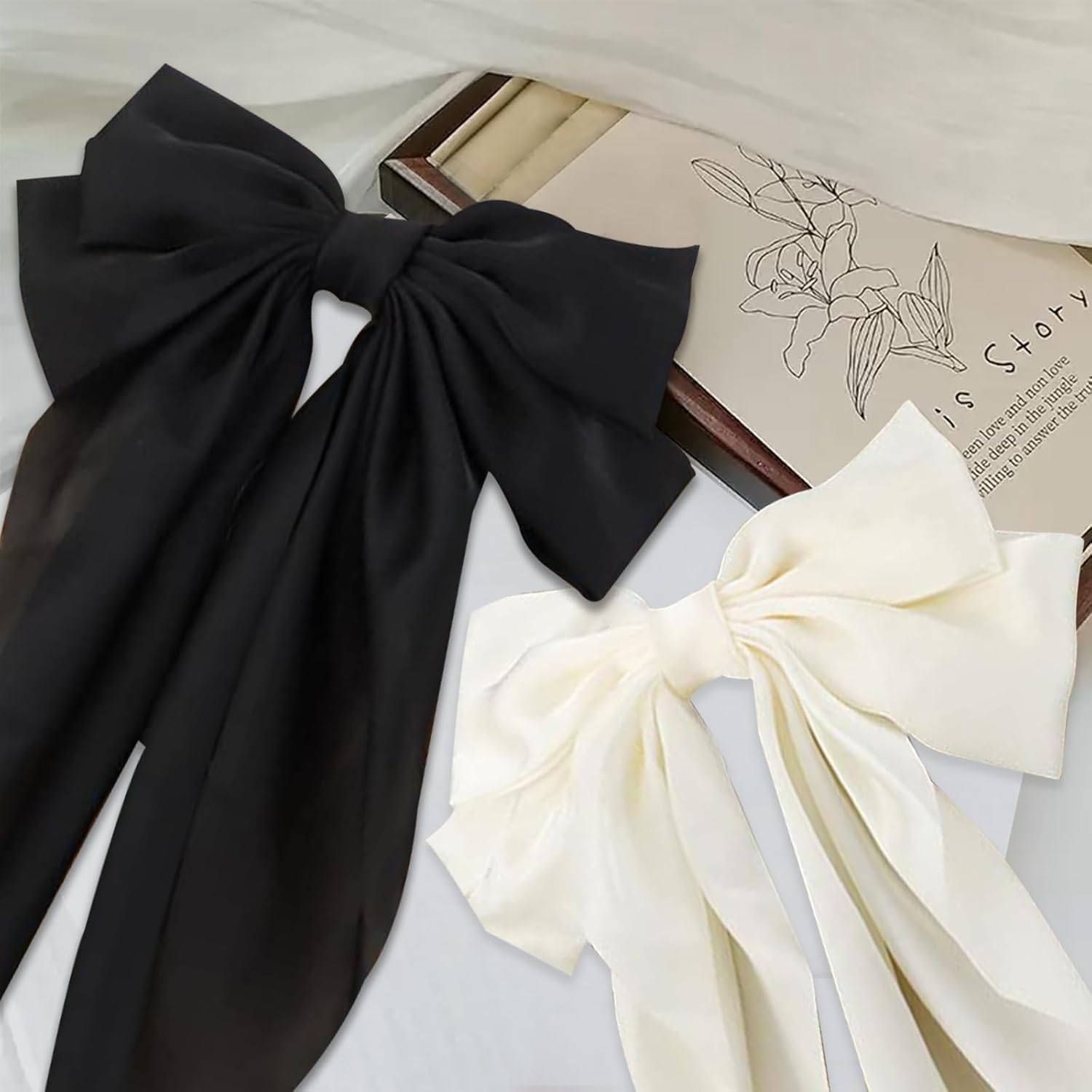 Aikeis Silky Satin Hair Bows Large Hair Bows for Women Oversized Hair Bows Long Tail Hair Bow (Black/White) image number 5