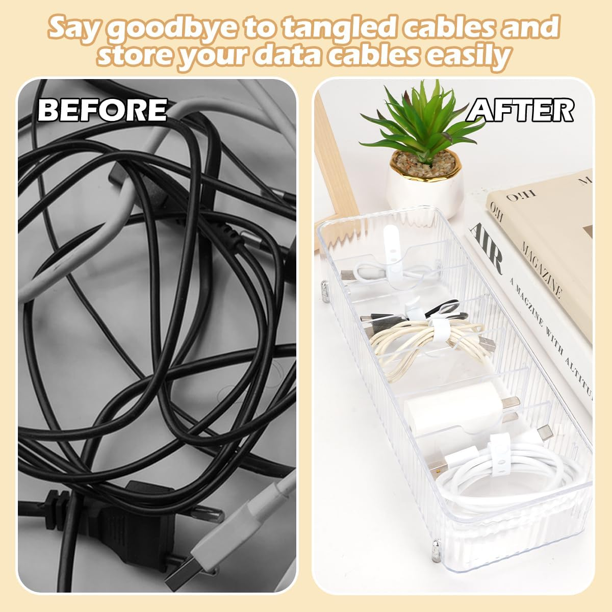 2 Pack Cable Storage Box, 8 Compartments Data Cable Organiser, Acrylic Desk Drawer Organiser, Removable Cable Management Box for Office Living Room Bedroom Stationery Supplies