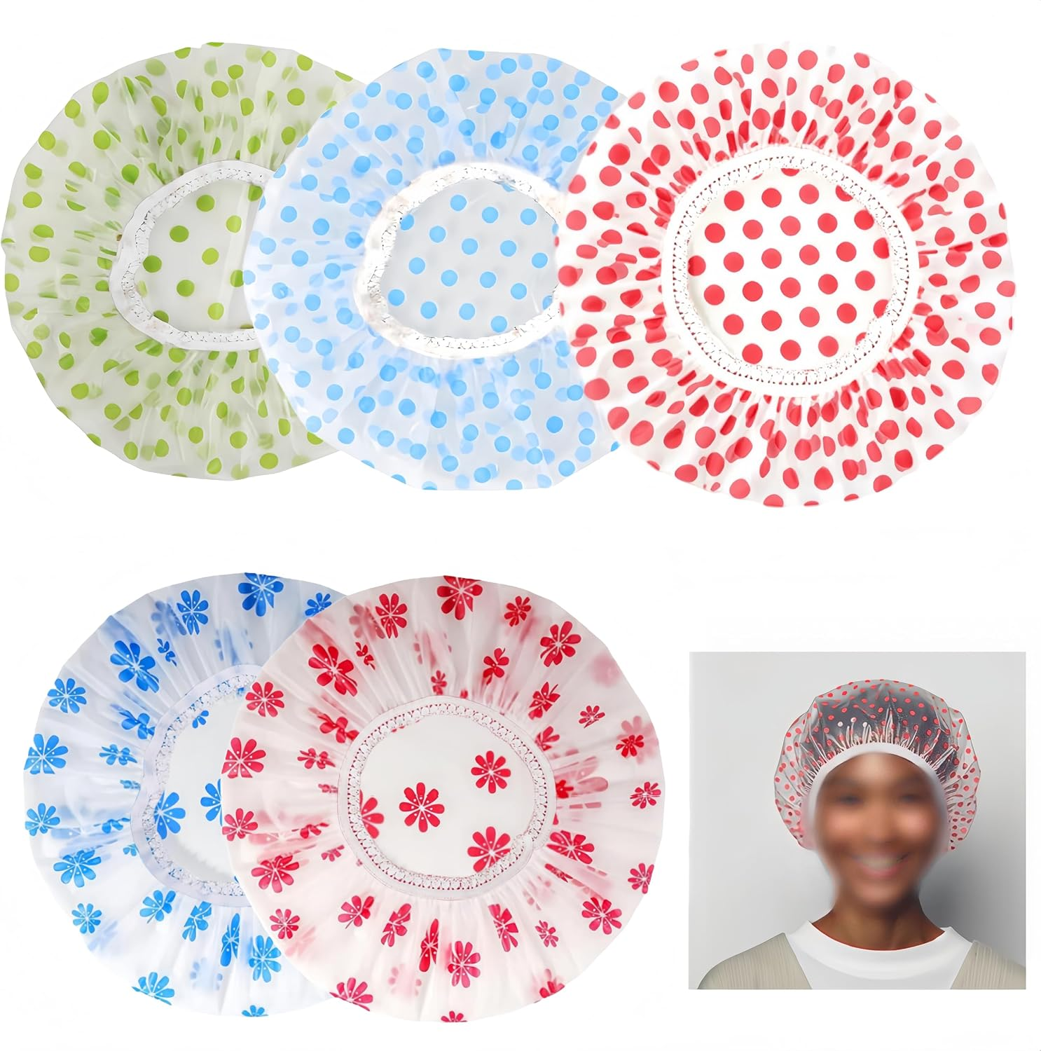 5 Pieces Multi Purpose Shower Caps,Shower Caps for Women,Reusable Waterproof Shower Caps,Waterproof Plastic Bath Caps for Bath, Face Care, Kitchen, Cleaning, Ladies Spa Salon image number 2