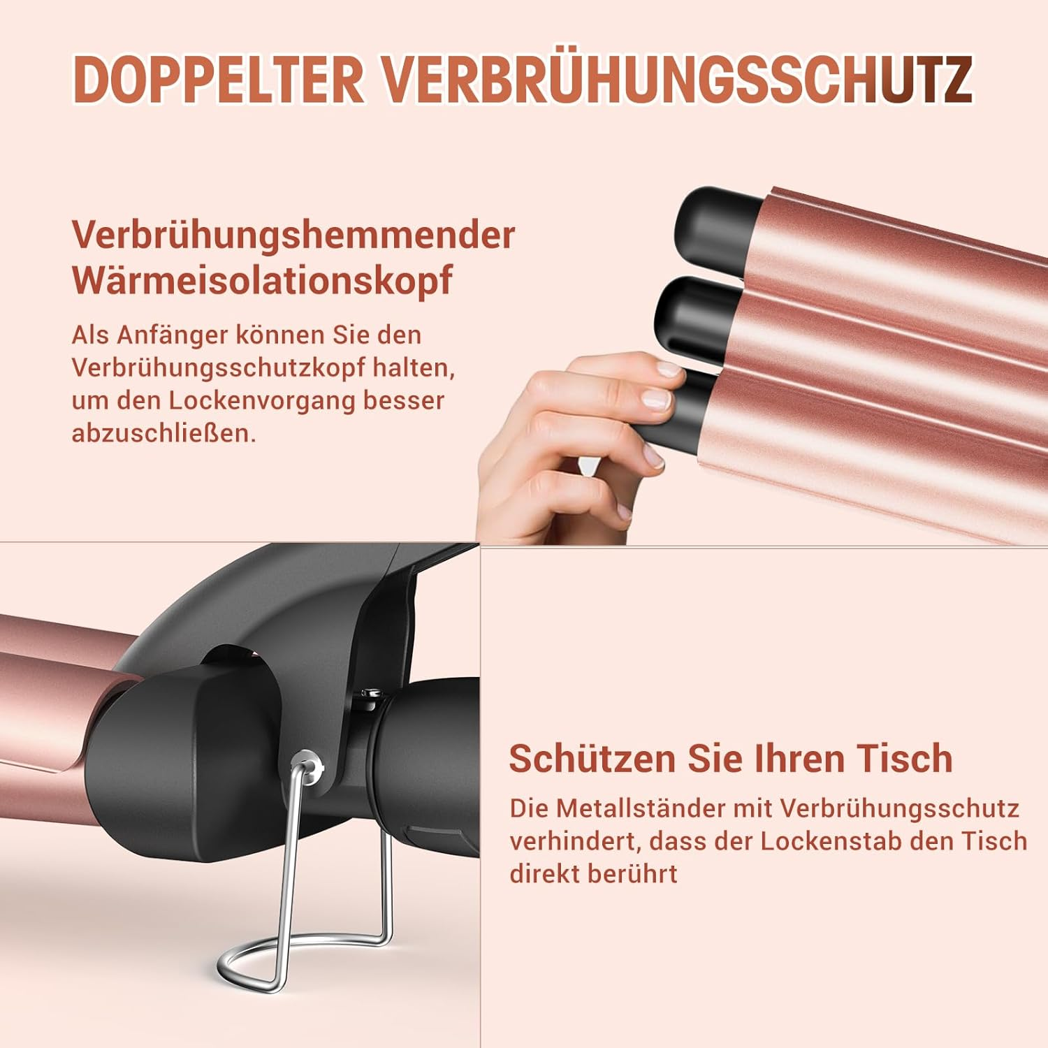 3 Barrels Beach Waves Curling Iron - Ceramic Curler 3 Wavy Head, 2 Temperatures, Fast Heating Waffle Wavy Hair, Suitable for Long and Short Hair, Pink image number 3