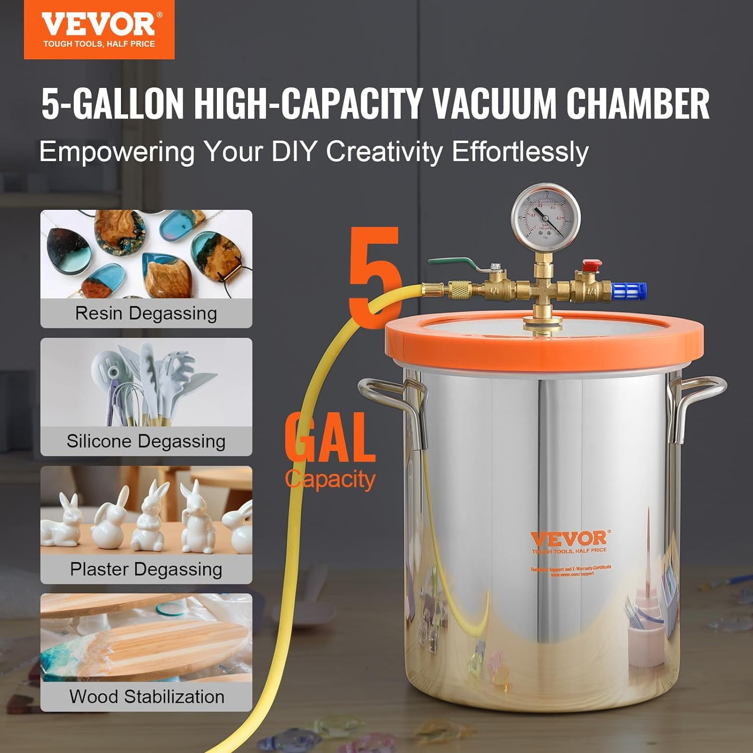VEVOR 5 Gallon Vacuum Chamber, Upgraded Tempered Glass Lid Vacuum Degassing Chamber, 304 Stainless Steel Chamber, for Stabilizing Wood, Resin Degassing, Silicone Degassing and Plaster Degassing image number 4