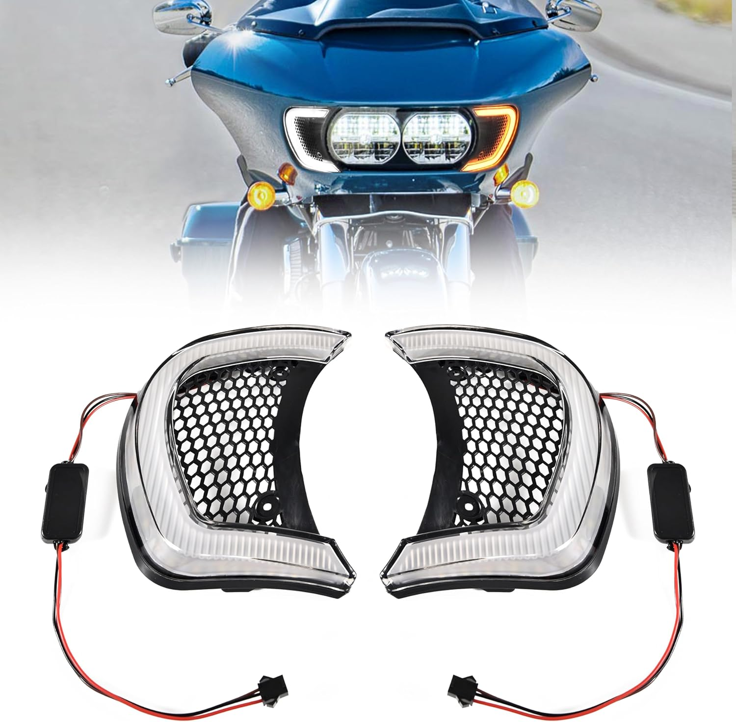 Motorcycle Headlight Vent Accent LED Turn Signal Indicator Side Lights Lamp for Harley Road Glide FLTRX Special FLTRXS CVO Ultra FLTRU 2015-2024 Accessories (Clear Lens)