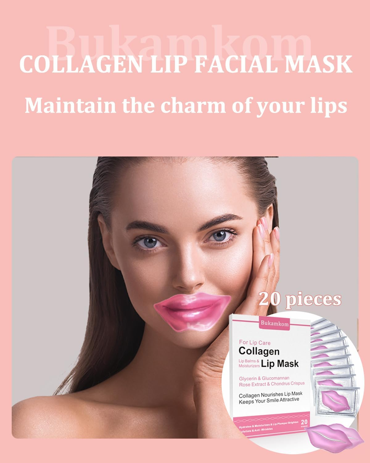 Bukamkom Collagen Lip Masks Bulk(20 Pieces/Box),Lip Mask Sheet Lip Care to Reduce Dark Lips and Lip Lines to Remove Dead Skin Moisture,Bulk Lip Masks Individually Wrapped (20) image number 1