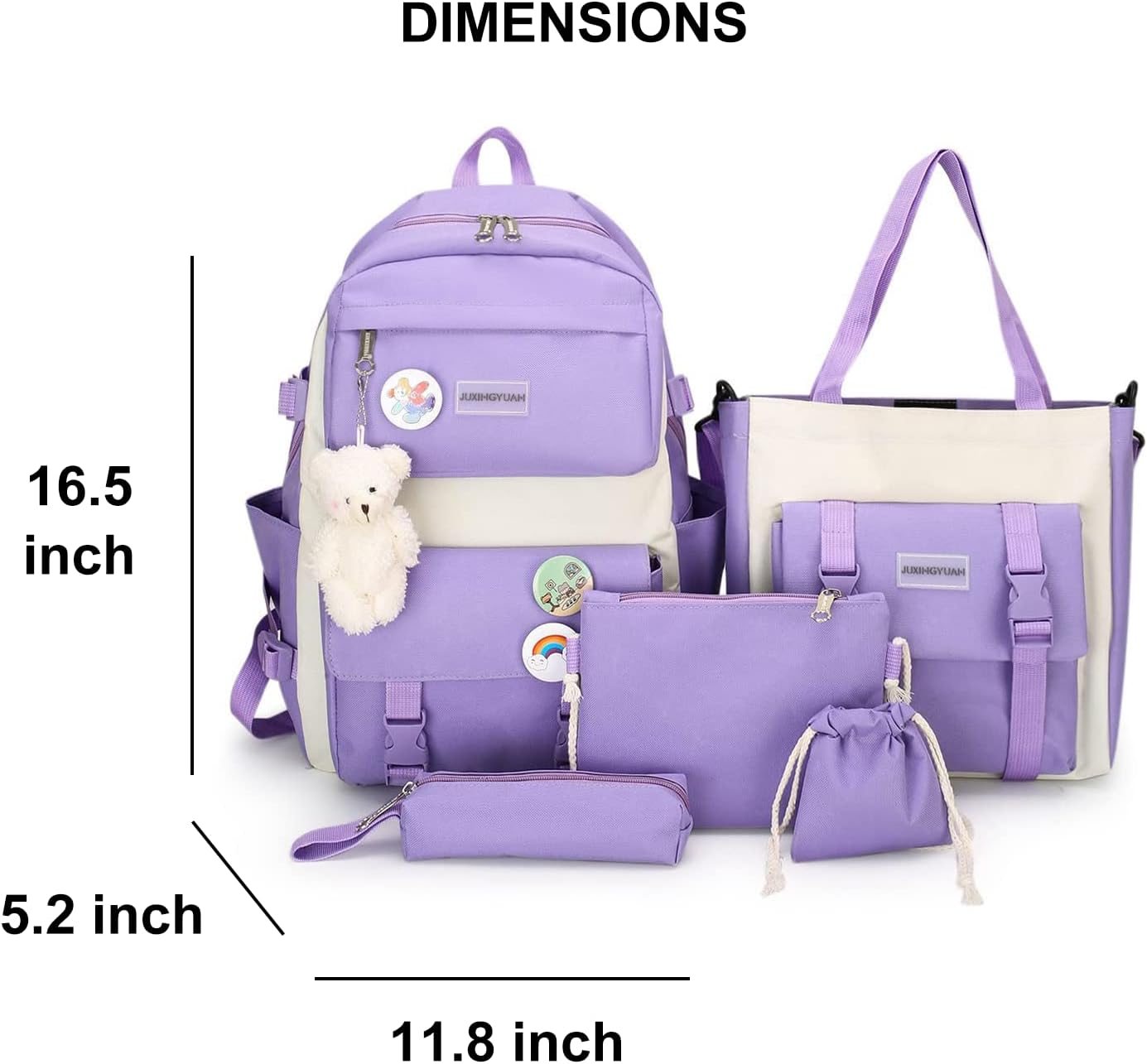 AONUOWE 5Pcs Aesthetic Backpack Set for School Teens Girls Daypack Cute Trendy Large Capacity Preppy Shoulder Bag, Purple, Backpack,Travel,Unique - Pink image number 5