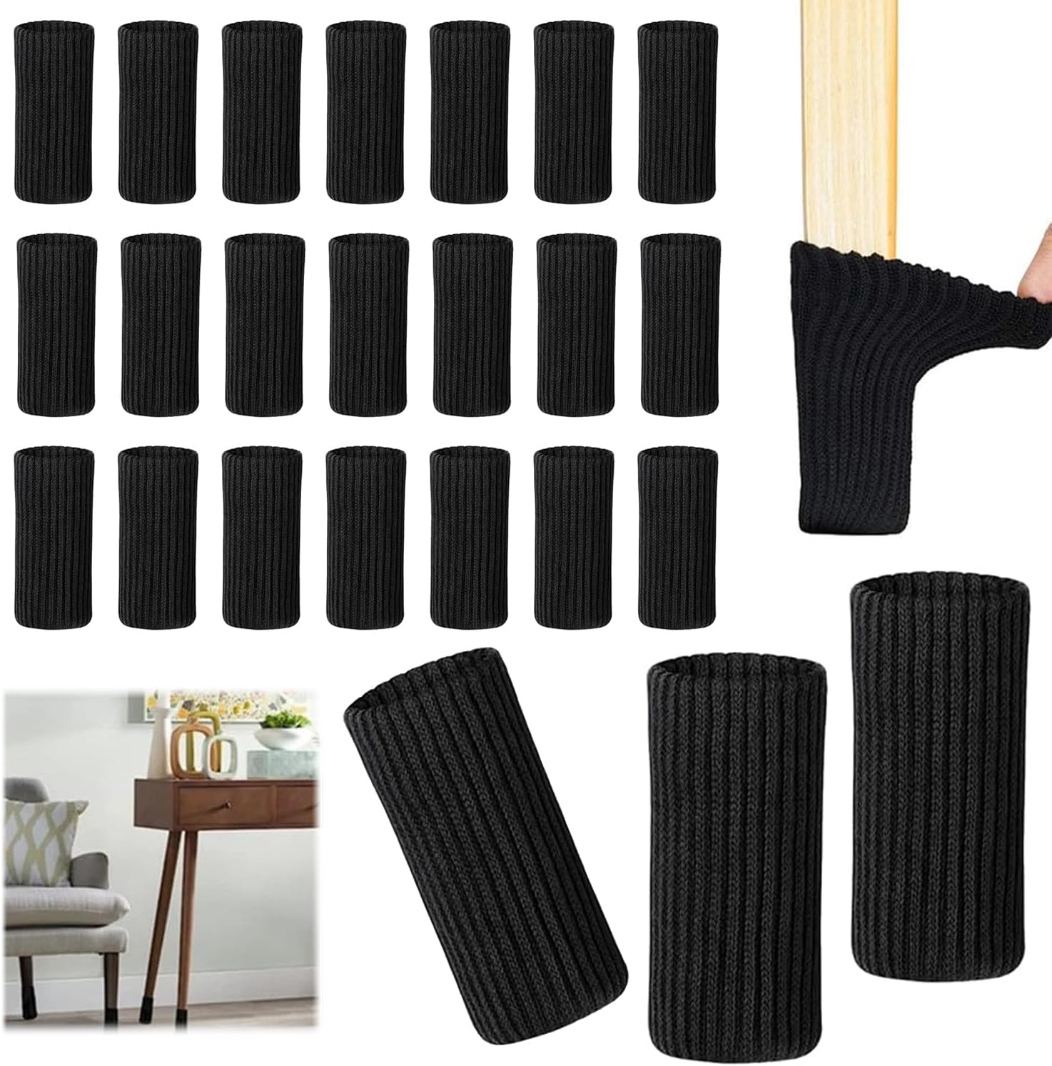 24 Pcs Knitted Chair Leg Socks Protectors, Furniture Leg Cover, Wood Floor Protectors, Chair Leg Covers Caps, Elastic Chair Leg Feet Covers for Hardwood Floor (Black)