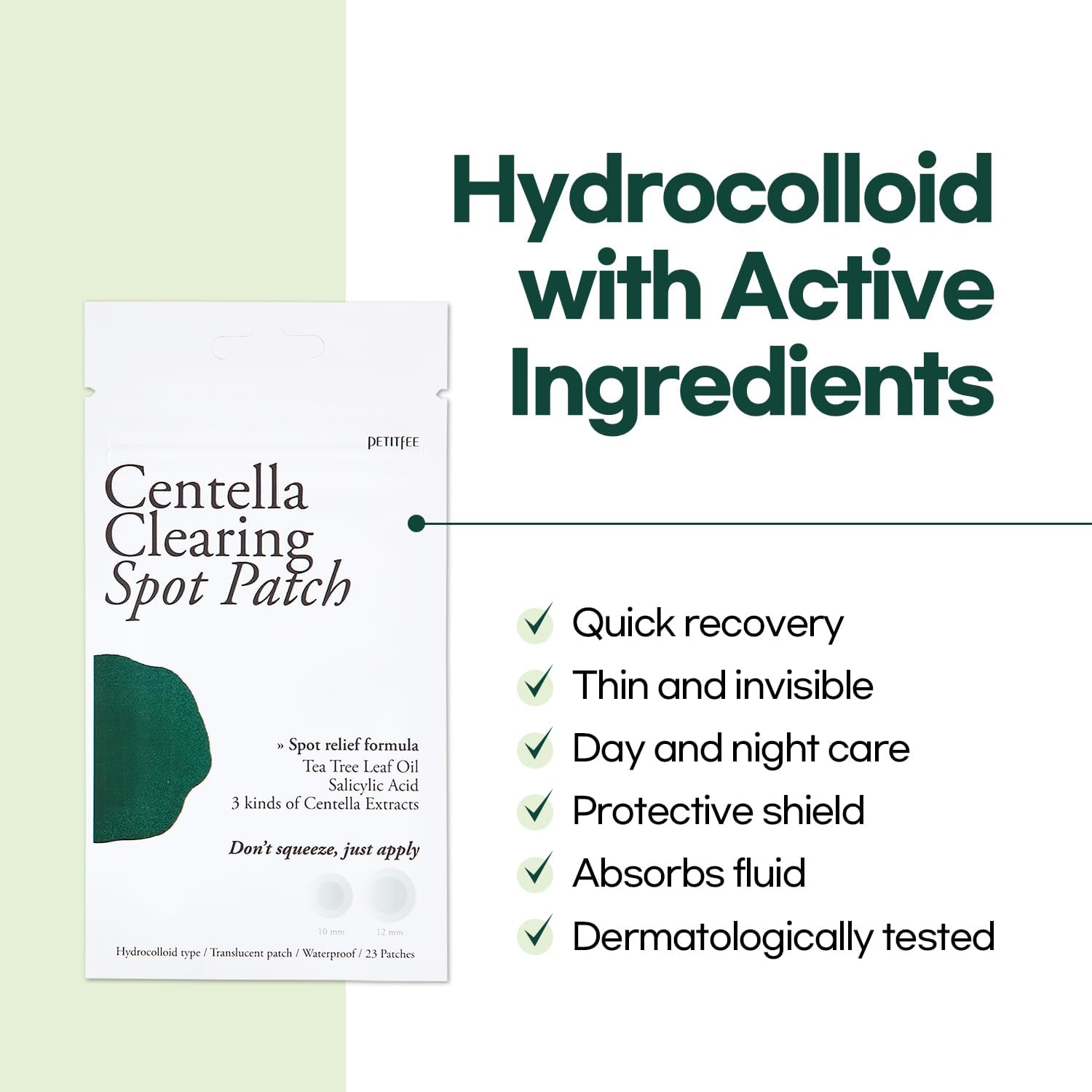 PETITFEE Centella Clearing Spot Patch (115 Count) - Invisible Hydrocolloid Spot Relief Patches for Acne Cover, Blemishes, Pimples, with Tea Tree Oil, Salicylic Acid Spot Patch, Beveling Patch, 2 Size image number 6