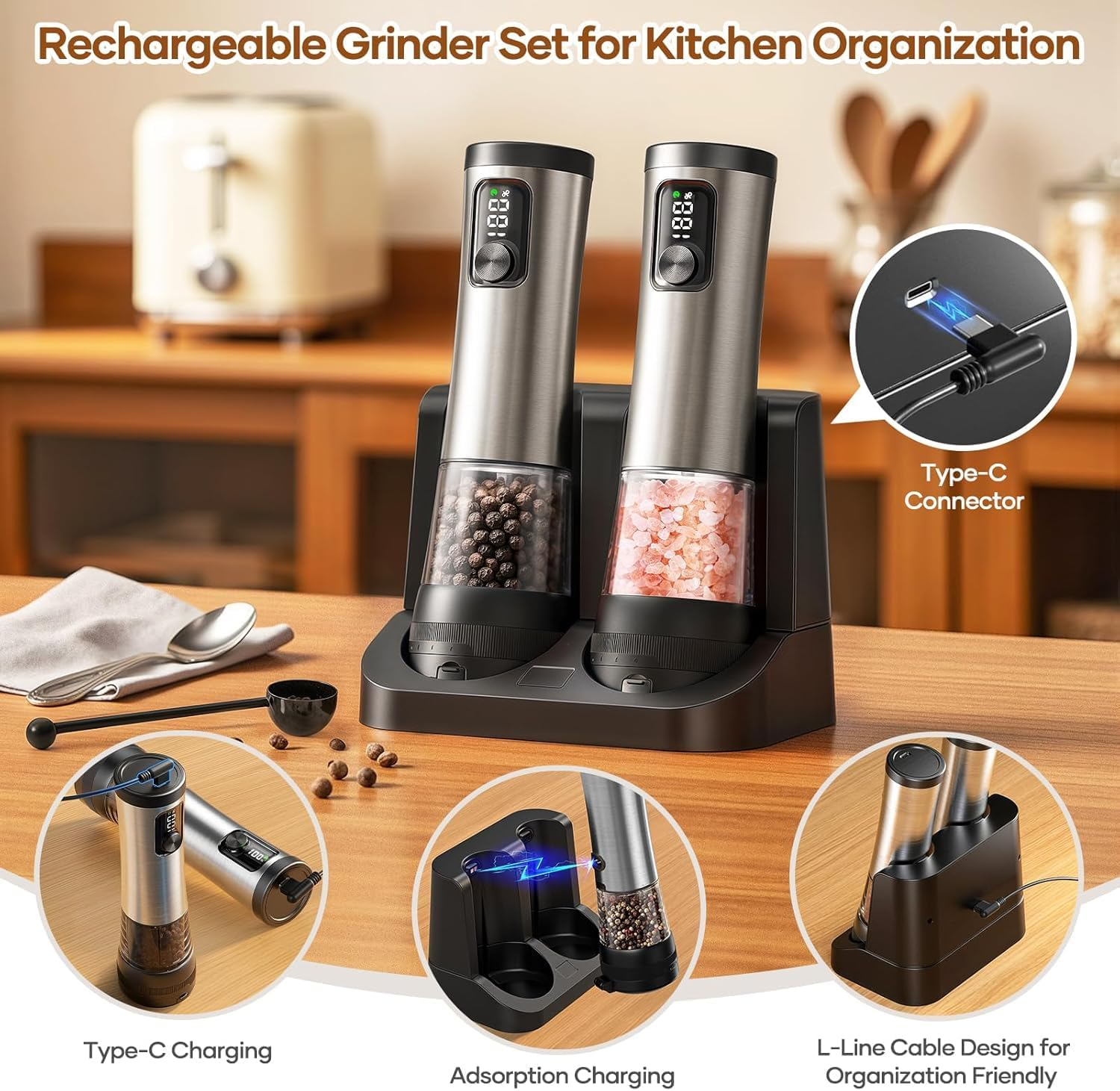 Salt and Pepper Grinder Set, Electric Ceramic Grinder Automatic Pepper Mills with Battery Display Rechargeable Base, Salt Shakers with 5 Level Adjustable Coarseness for Modern Kitchen(Stainless Steel) - Silver image number 5
