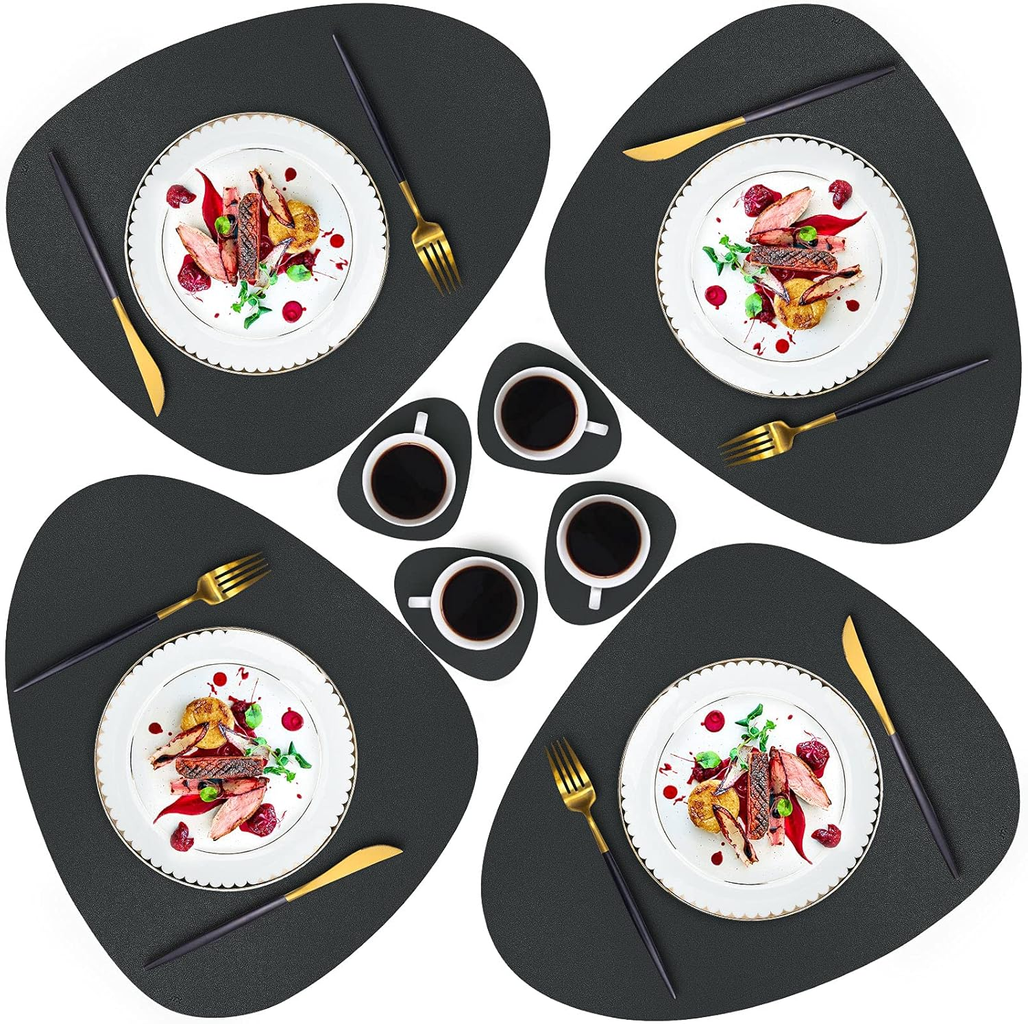 JTX Placemats Set of 4 Coasters and 4 Faux Leather Placemats for Dinning Table Stain and Heat Resistant Non-Slip Elegant Table Mats for Parties BBQ Holidays Everyday (Black)