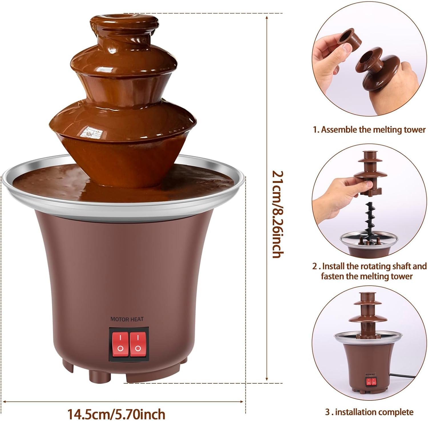 Electric Chocolate Fountain Machine，3 Layer Cheese Fountain Machine，Hold 10Oz Chocolate Fondue Fountain，Stainless Steel Cheese Fountain Melting Machine，Auto off Household Chocolate Fountain for Candy image number 6