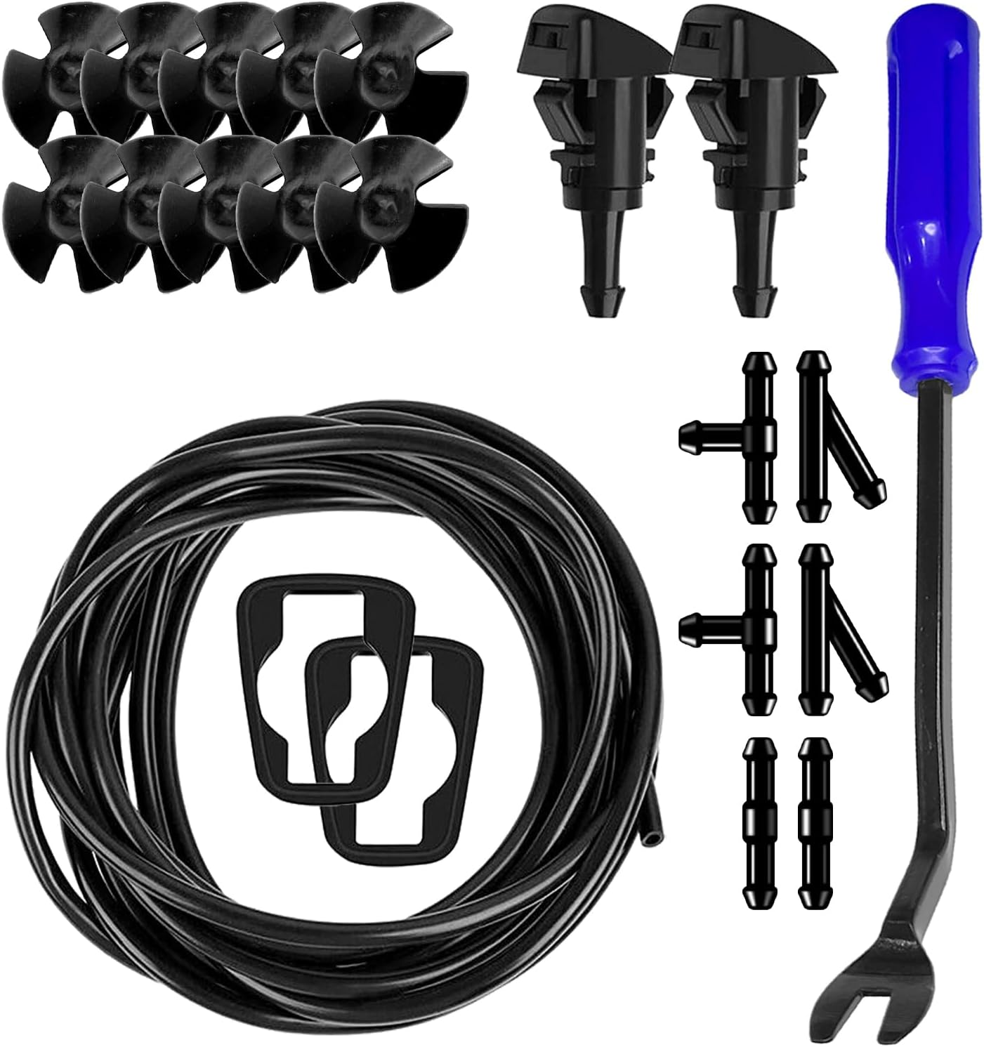 22 PCS Car Windshield Washer Nozzle Hose Kit, 4M Washer Fluid Hose, 6 PCS Hose Connectors，2 Fan Nozzles & Gaskets, 10Pcs Hood Retainers, Suitable for Truck SUV Windshield Fluid Tubing (Black) image number 5