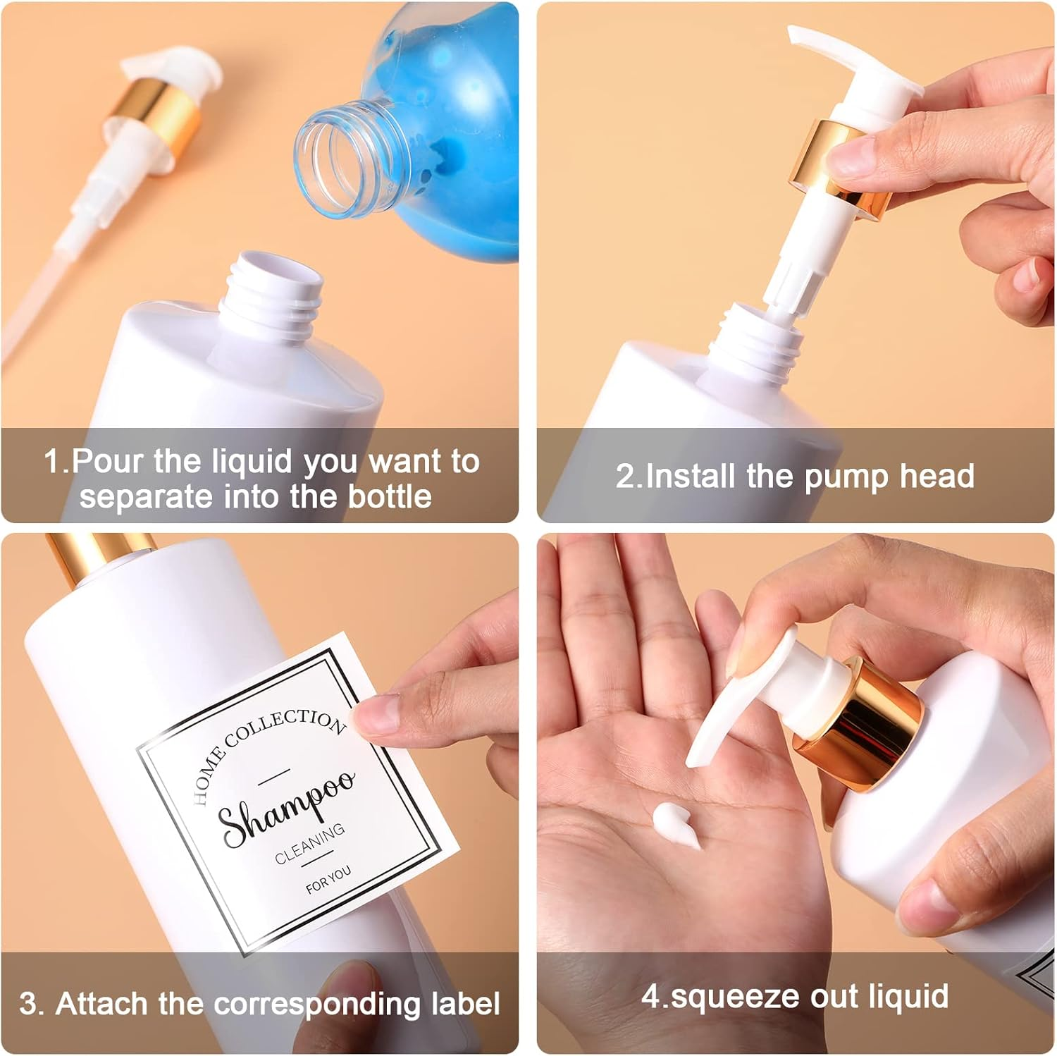 3 Pieces 16Oz Pump Bottle Set Shampoo and Conditioner Bottle Plastic Refillable Soap Dispenser Shower Dispenser with 6 Label Sticker for Lotion Body Massage (Gold and White) - 25,Silver image number 5