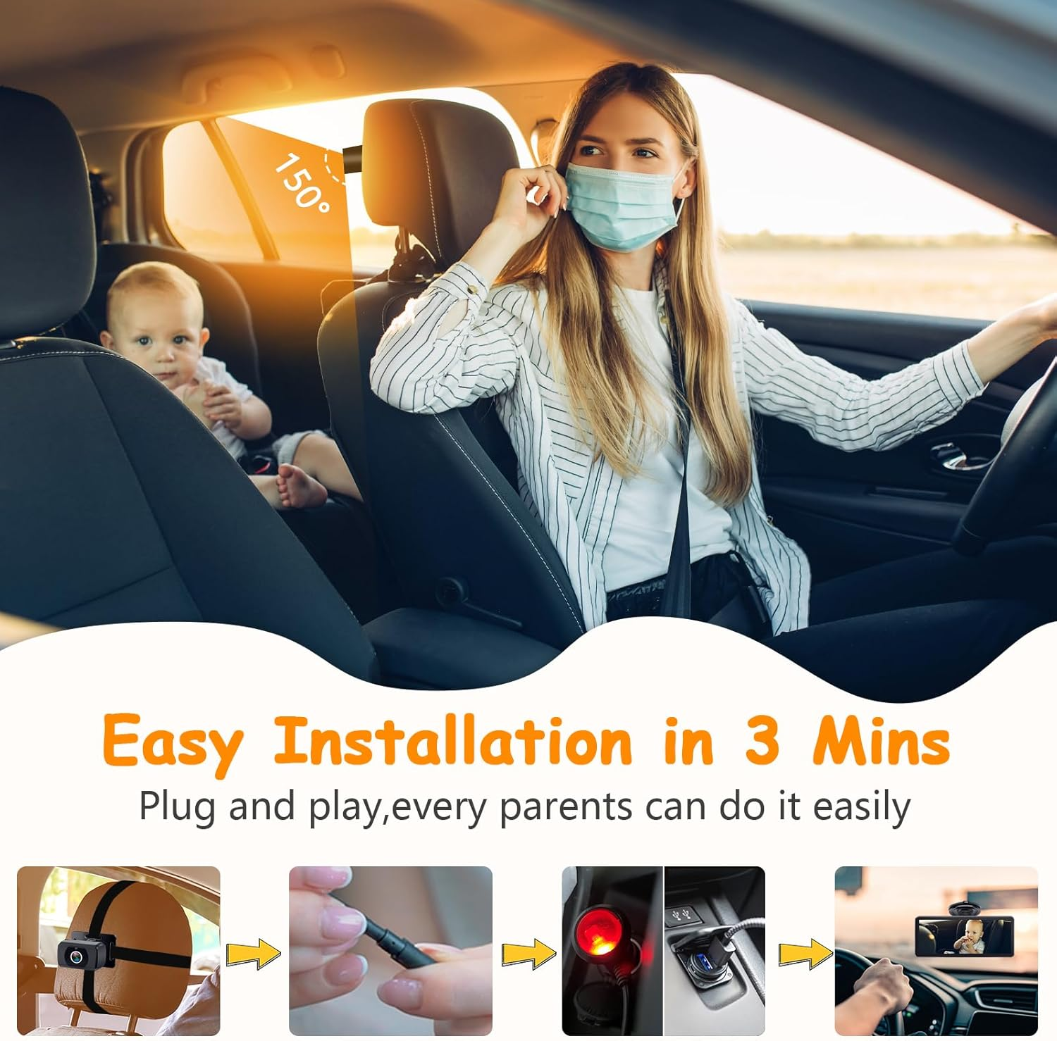 2-Kids Baby Car Camera for Seat: 6.9 Inch Ultrawide Display with Two Cameras Rear Facing - USB Powered Backseat Camera HD 1080P Easy to Install