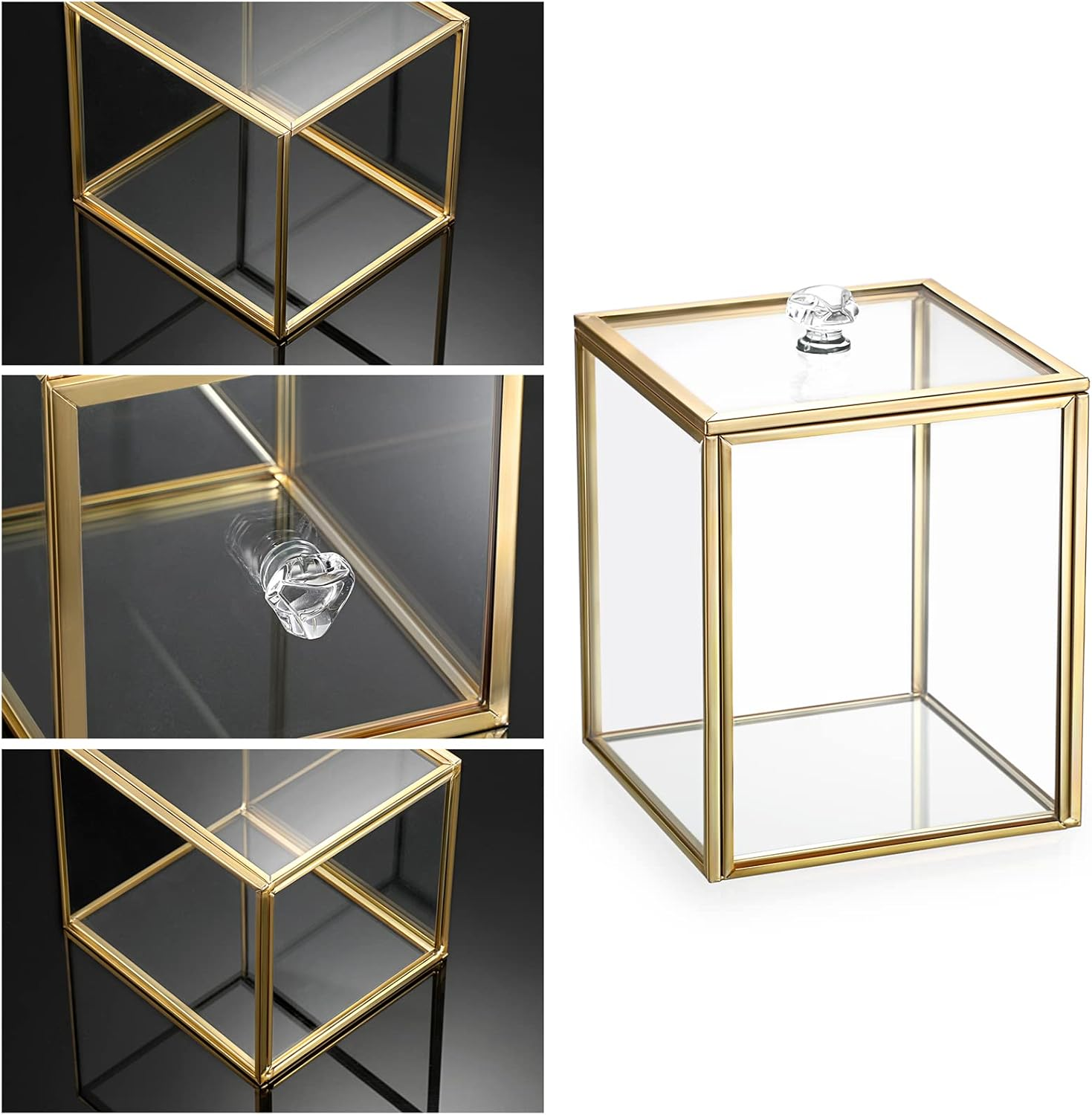 Hipiwe 2 Pack Glass Qtip Holder Dispenser with Lid Gold Bathroom Containers for Cotton Balls Makeup Sponges Bath Salts Candles Vanity Canisters Countertop Storage Organizer Jar