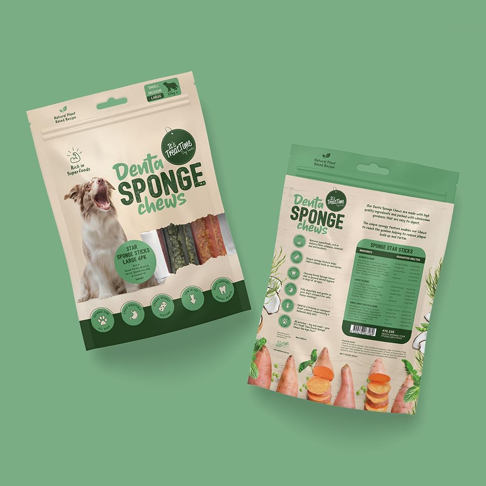 It'S Treat Time Denta Sponge Chews, Star Sticks, Natural Plant Based, Large 6 Pack &ndash; Dental Chews with Superfoods, Low Fat, Easily Digestible, Seaweed & Carrot &Purple Sweet Potato Flavour image number 1