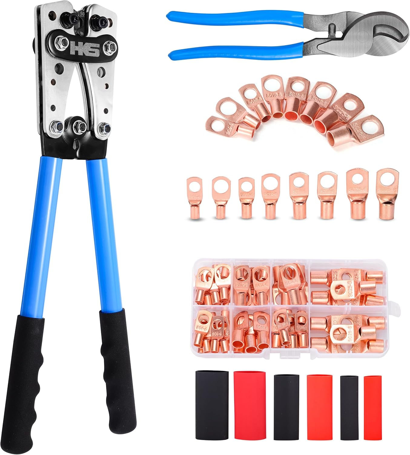 Aucent Battery Cable Lug Crimping Tool Wire Crimper with 60Pcs Lugs and Wire Cutter AWG 10-1/0 for Copper Ring Terminals
