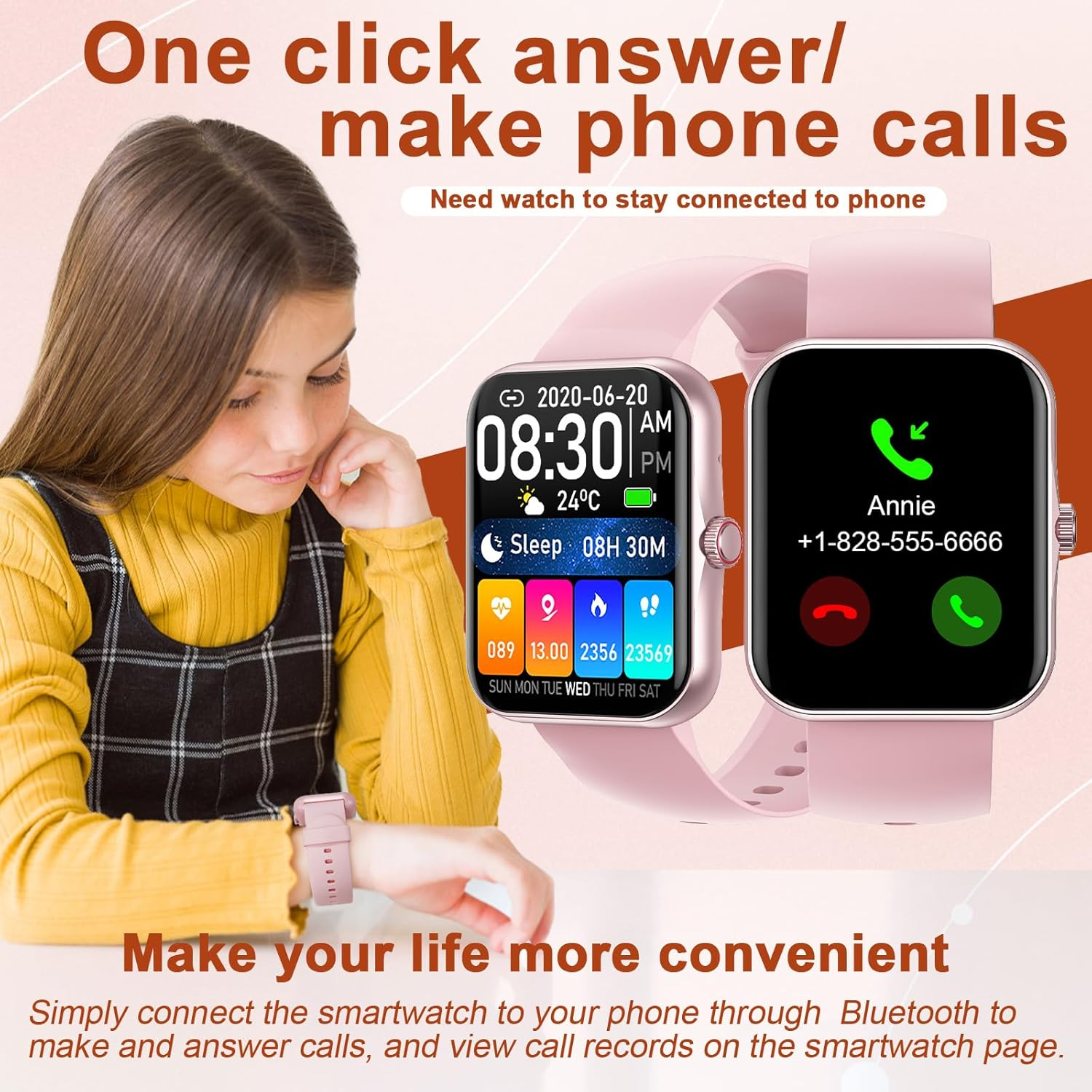 Smart Fitness Tracker Watch for Childrens, Kids Cute Sport Smartwatch with Heart Rate Blood Oxygen 37 Exercise Modes Step Counter Phone Calls Siri Recall App Notifications Music Calculator Alarms Pink image number 2