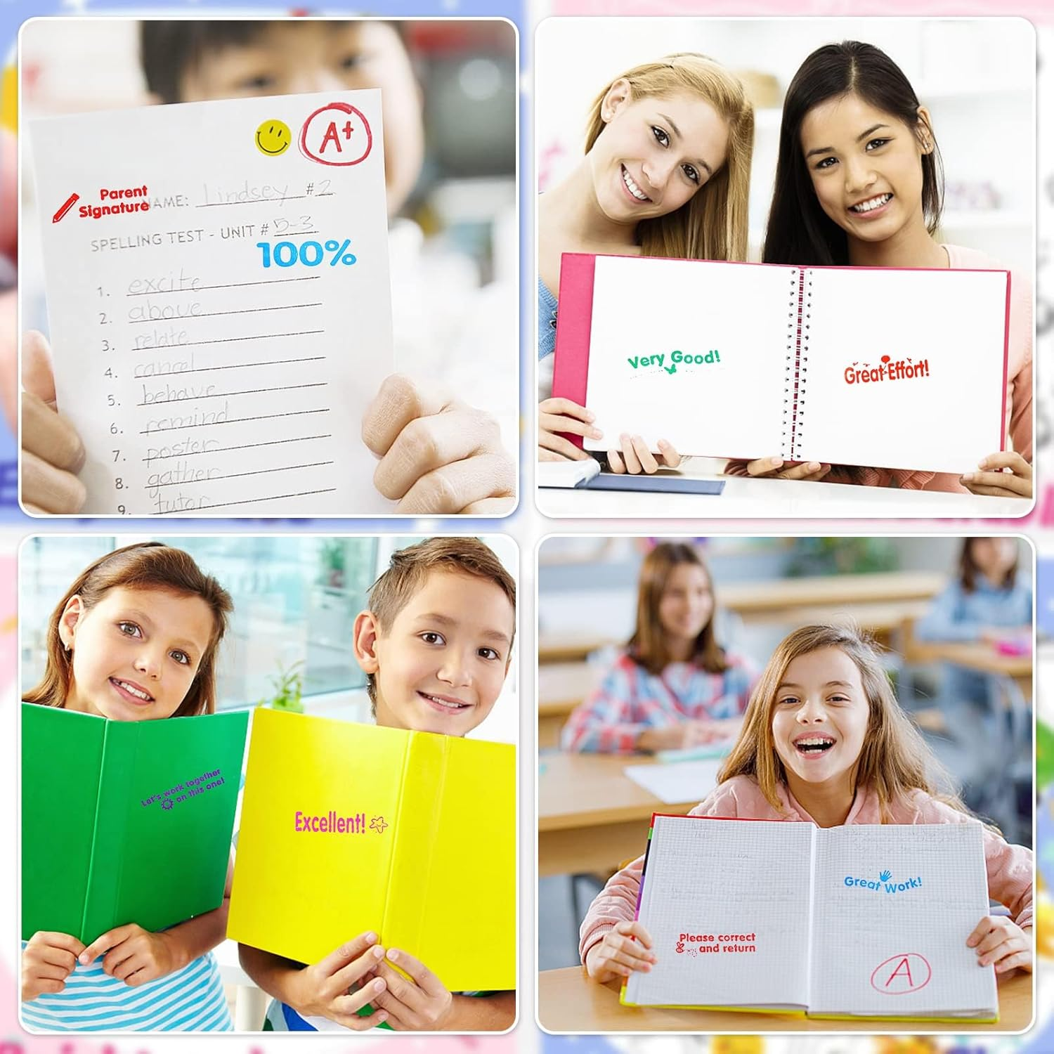 8Pcs Teacher Stamps for Classroom Teacher Supplies Self-Inking Grading Stamps Encouraging Comments for Parent Signature School Teachers Review Feedback Homework Reward Colorful Stamp with Tray image number 4