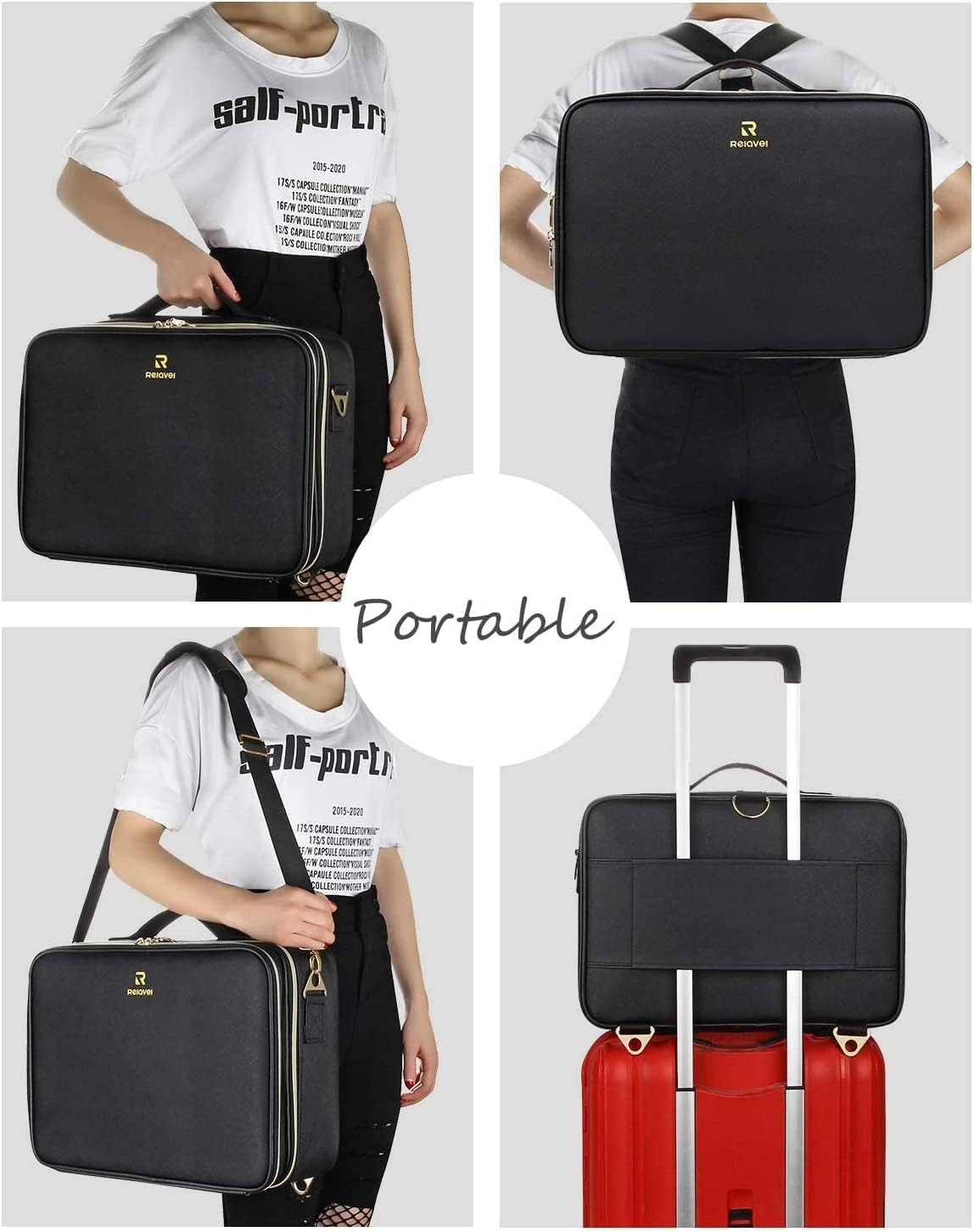 Samtour Makeup Train Case Cosmetic Bag Professional Brush Organizer and Storage Travel Make up Artist Box 3 Layer Large Capacity with Adjustable Strap (Leather Black, Large) image number 1