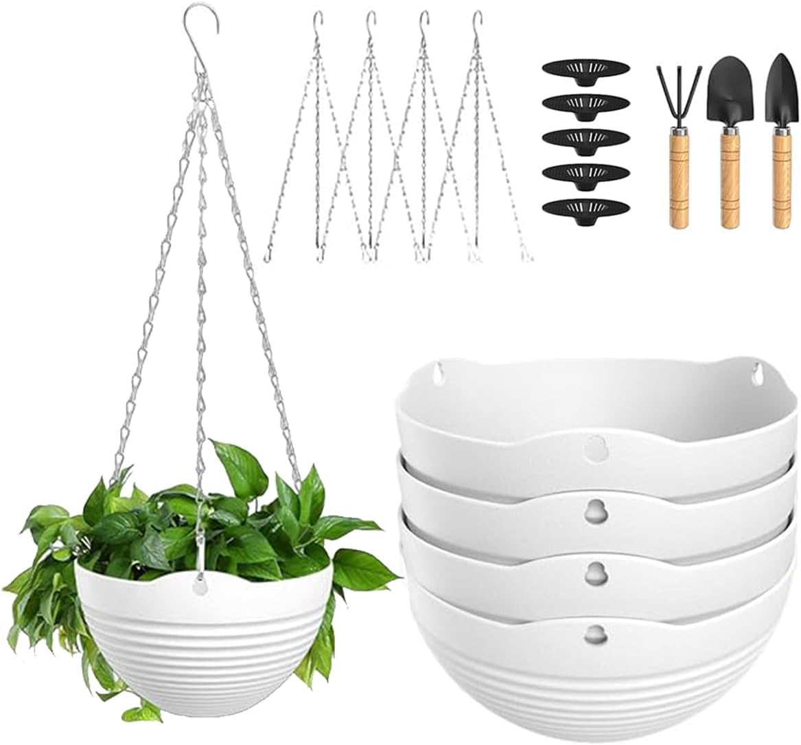 5 Pack Hanging Planters,8'' Hanging Plant Pots Baskets,With Hanging Chains and Drainage Plugs,For Flower Plant Lovers,Indoor Outdoor Flower Plant Pot Containers,Come with Free Mini Garden Tools Set image number 1