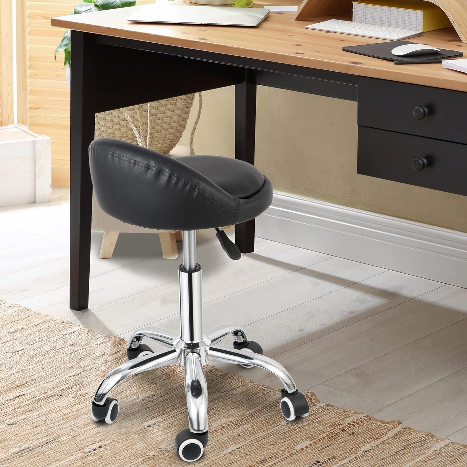 Salon Stool Swivel Rolling Stool with Wheels in 42-55 CM Height Adjustable Drafting Rolling Stools with Low Back Black