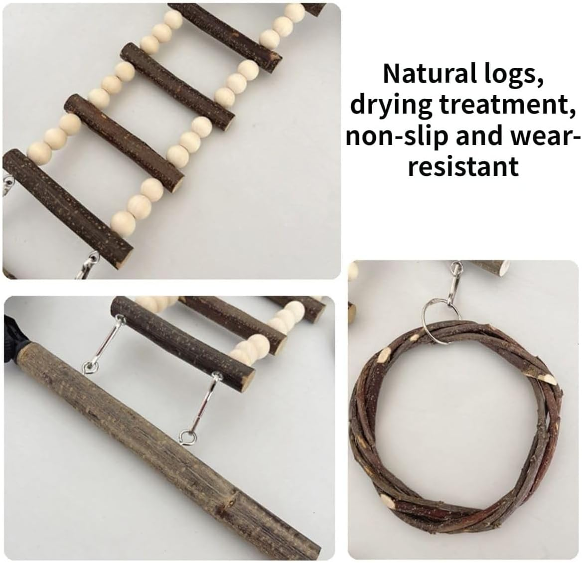 AIMALL Wooden Parrot Climbing Ladder and Swing Toy Set, Cage-Mount Interactive Bird Perch with Suction Cup or Nut Washer Fixing, Natural Log Design, 14.96X7.87 Inches image number 6