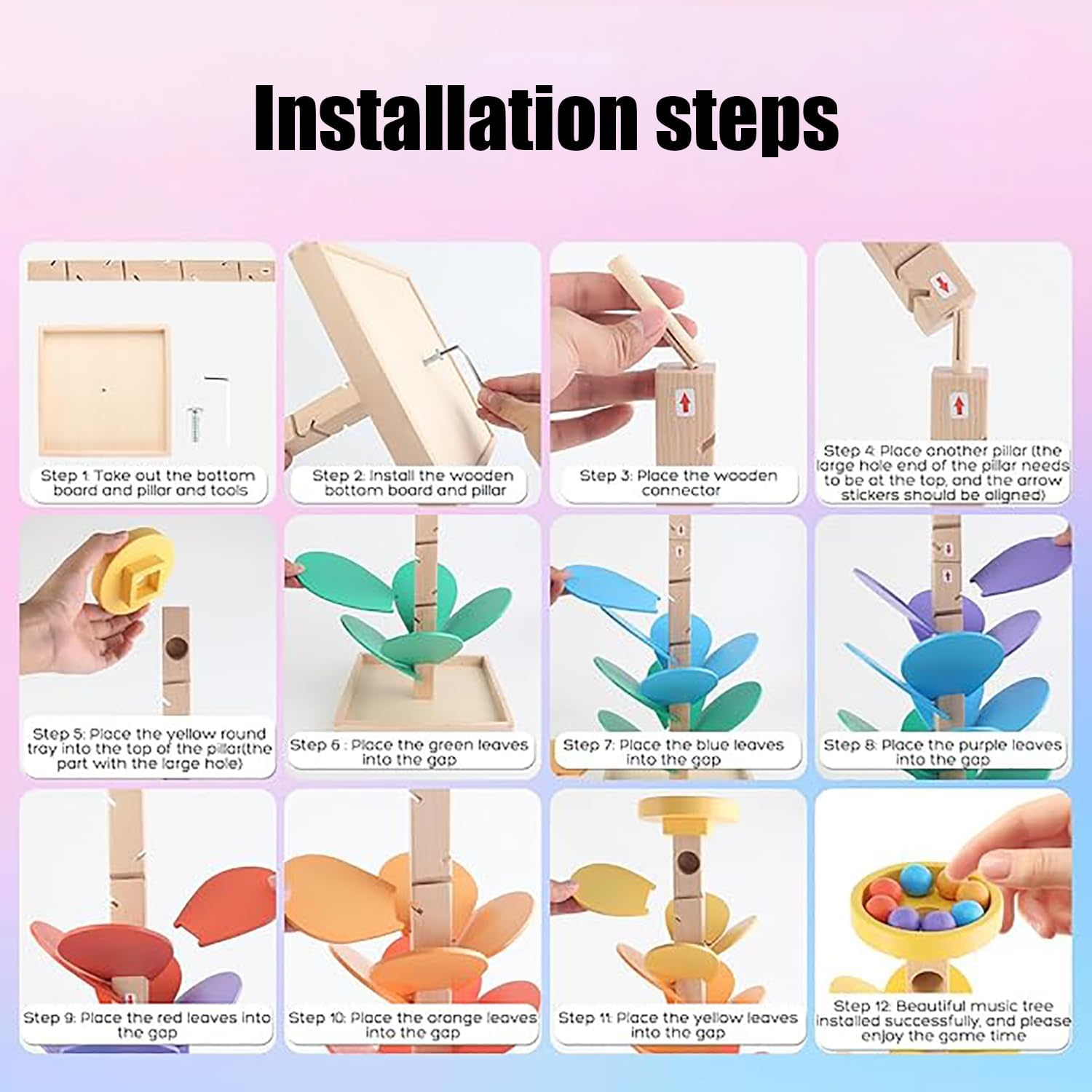 Wood Color Sorting Toys Wooden Marble Run Music Tree Montessori Toys for Kids 3+ Years Old Marble Ball Run Learning Game (Color)