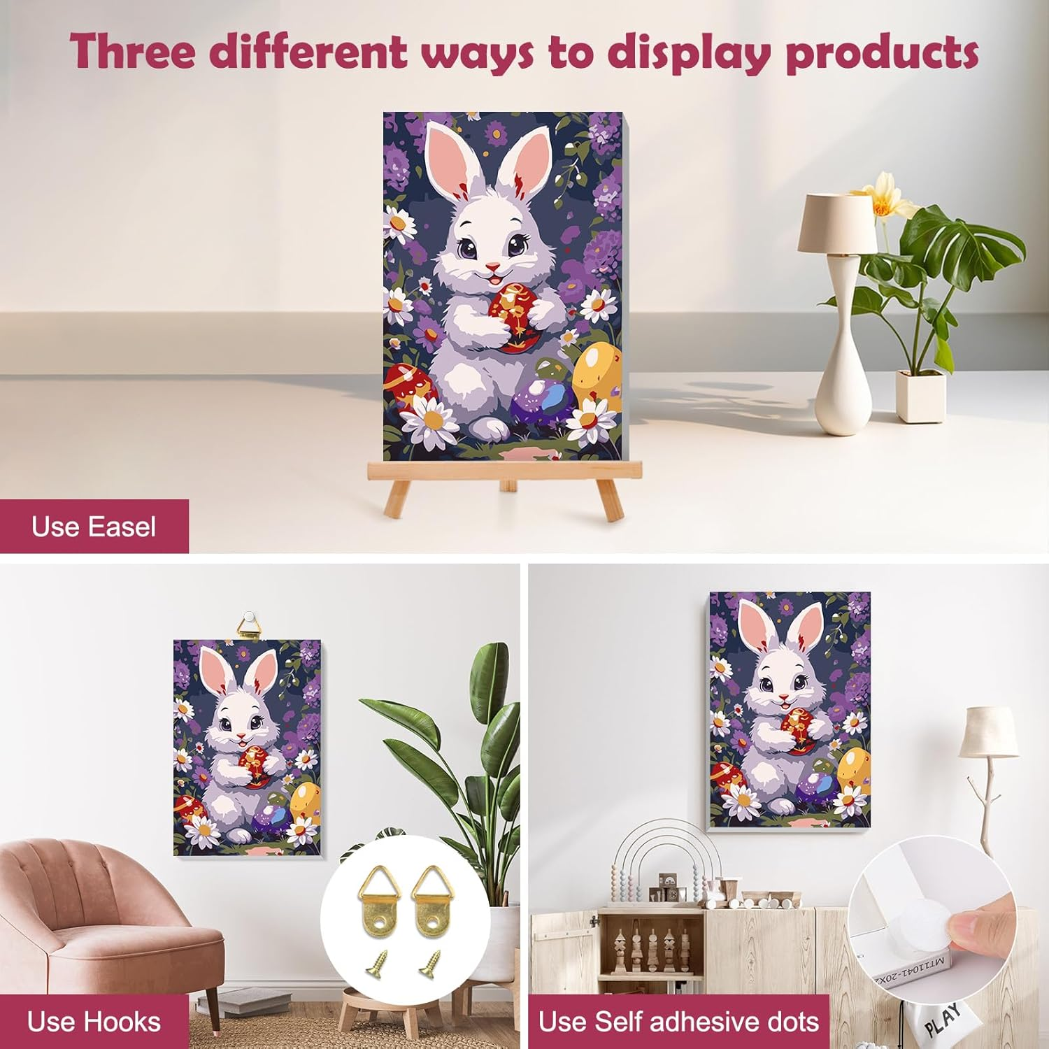 MOGTAA Easter Rabbit Painting by Numbers Adults with Frame, Easter Eggs Painting by Numbers with Wooden Easel, DIY Flower Oil Painting Canvas Set, Acrylic Painting Pictures for Home Decor, 20 X 30 Cm image number 2