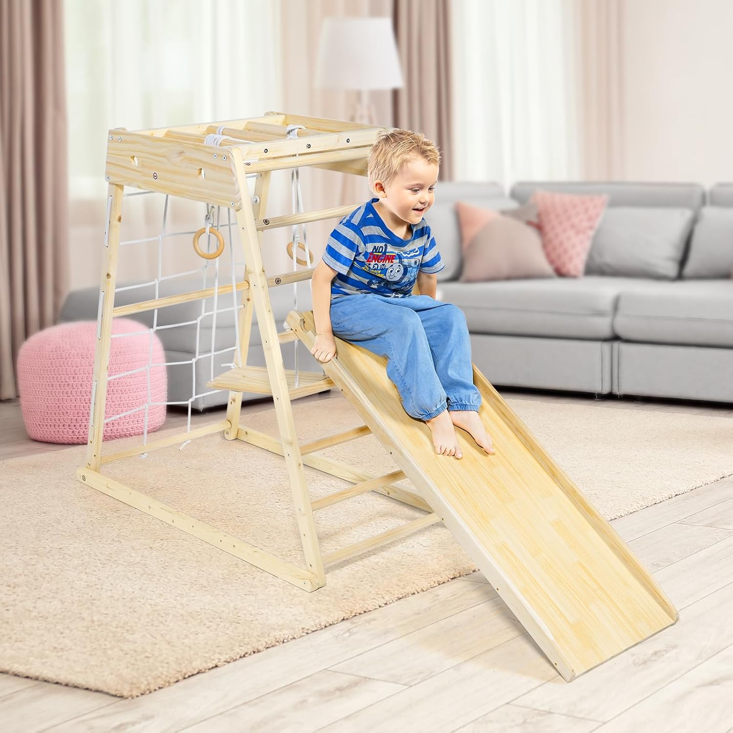 Toddler Climbing Frame,Indoor Playground,Wood Toddler Playset Montessori 7-In-1 with Jungle Gym,Kids Outdoor Play Equipment, Slide,Swing,Swedish Ladder,Monkey Bars,Rope Ladder for Kids Ages 1.5-7 New image number 2