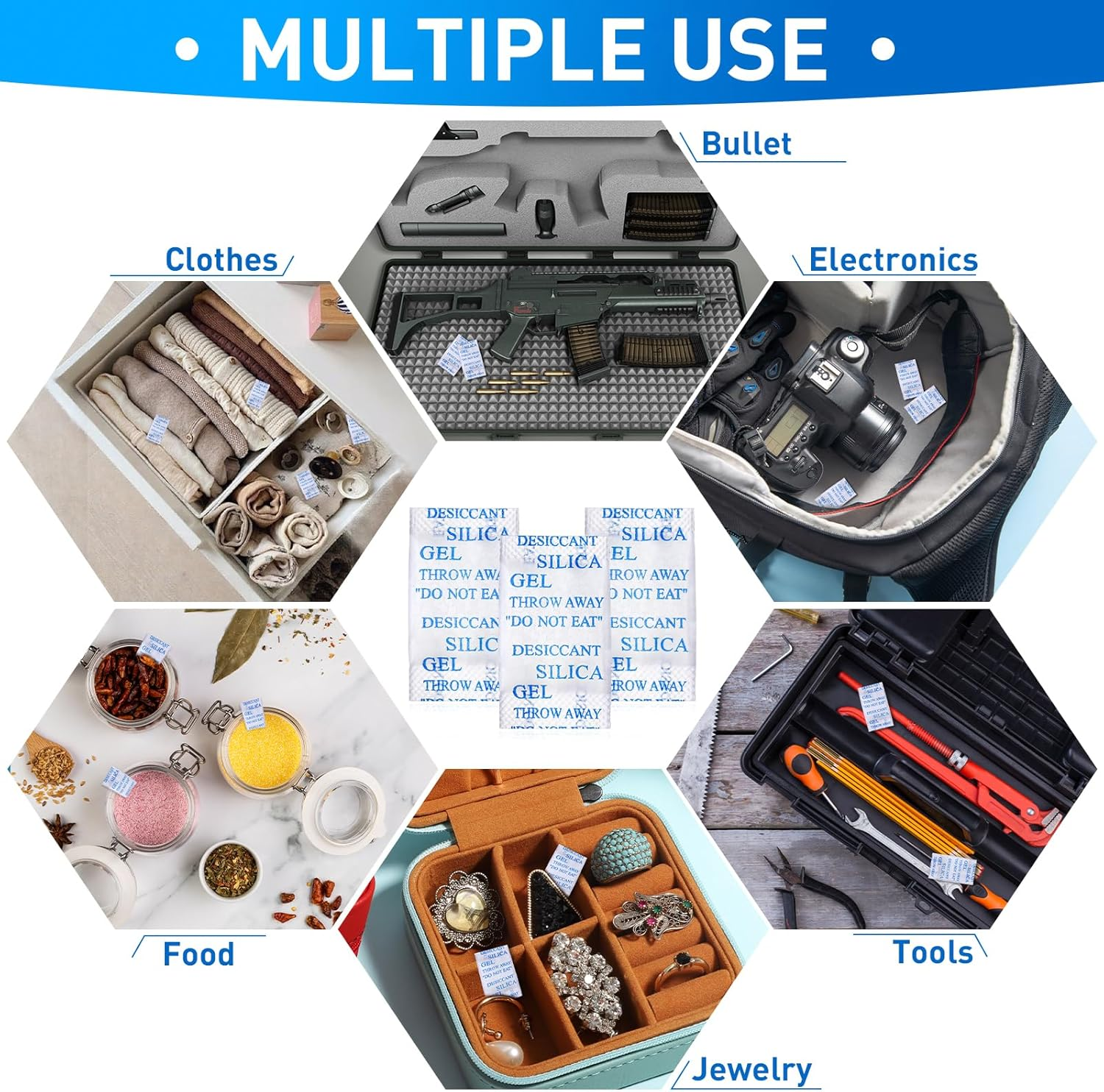 Yeather 2 Gram [100 Packets] Silica Gel Packets - Reusable Desiccant Moisture Absorbers Dehumidifiers for Spices, Jewelry, Shoeboxes, Electronics Storage (Food Safe) image number 5