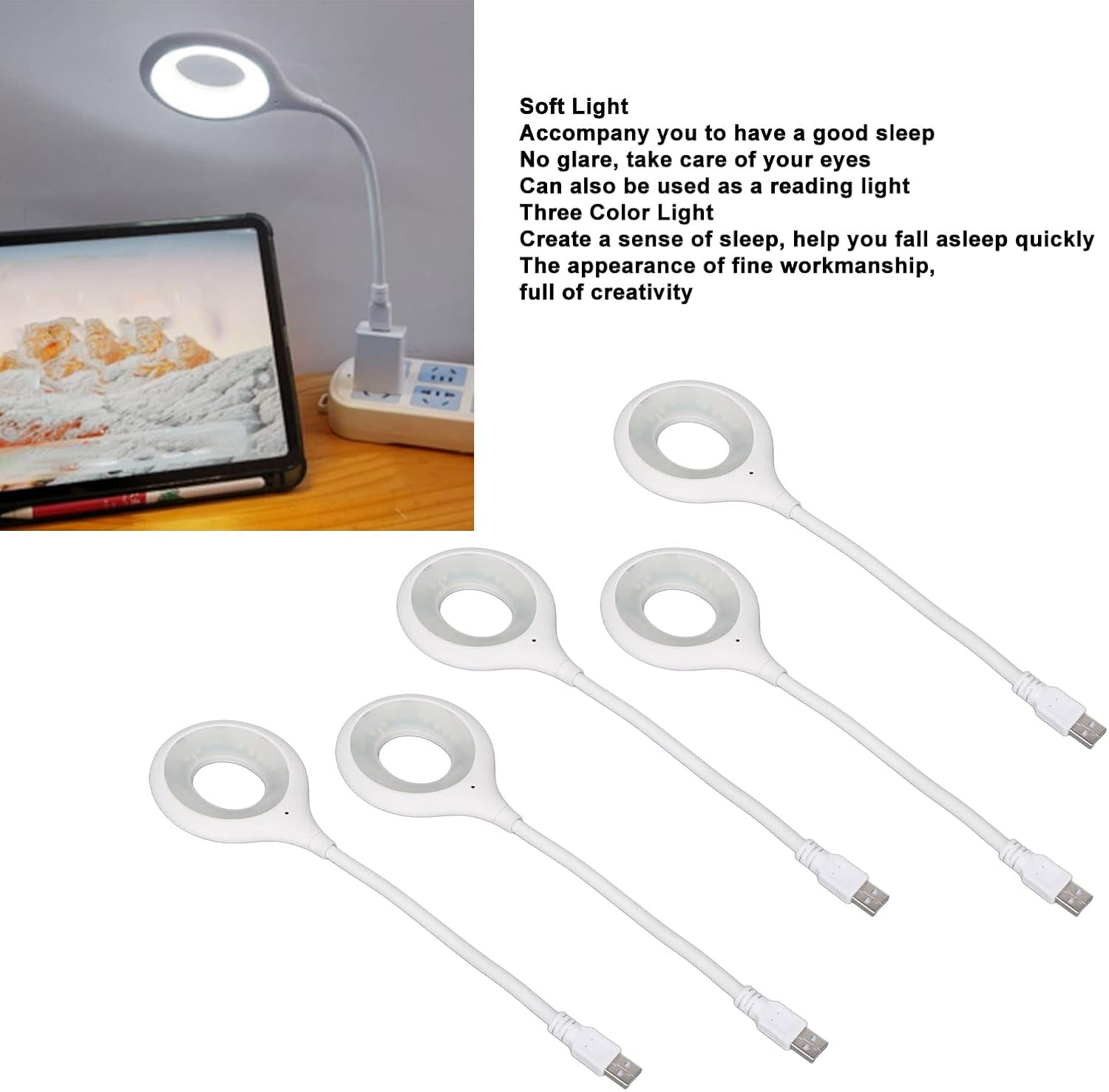 USB Reading Light, USB LED Light Lamp for Power Bank 5Pcs USB Voice Control Night Light 3 Colors Eye Smart Small Night Light for Home Bedroom Office image number 5