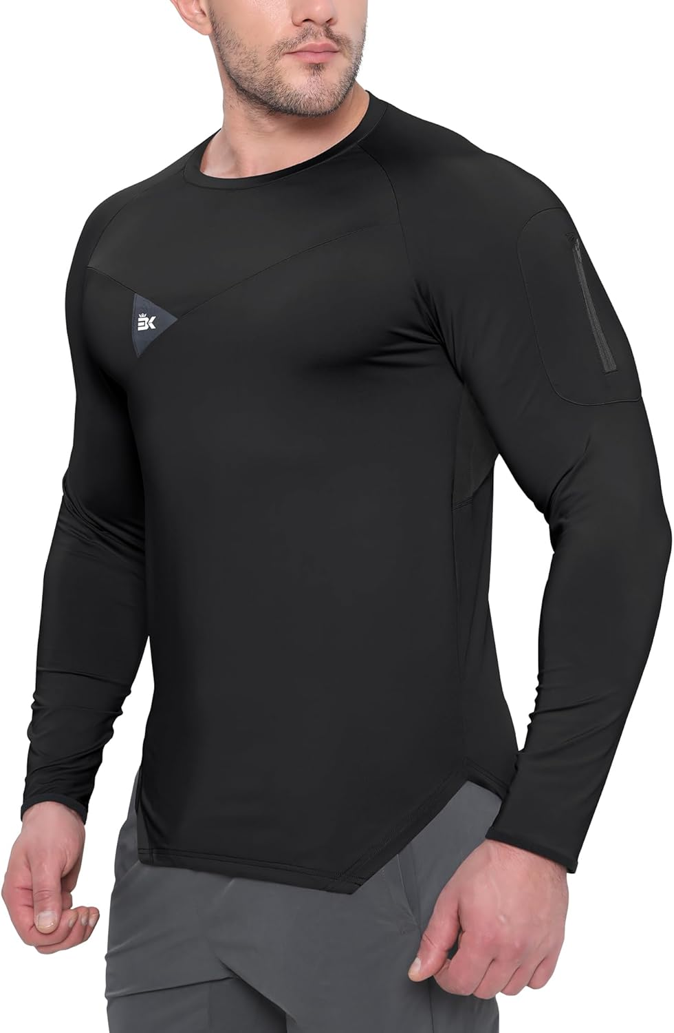 BROKIG Mens Armzip Long Sleeve Gym Tshirts, Quick Dry Workout Compression Shirts Lightweight Running Sports Top with Zip Pocket