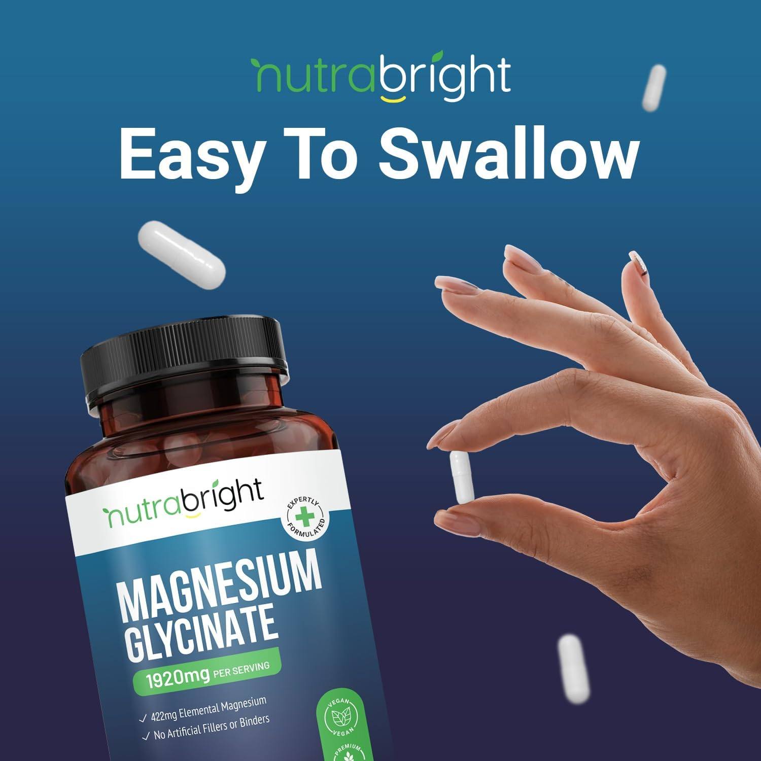 Magnesium Glycinate Supplements 1920Mg - 120 Vegan Capsules | Providing 422Mg Elemental Magnesium (Bisglycinate) | Pure with No Added Artificial Fillers or Binders | Premium Quality by Nutrabright image number 2