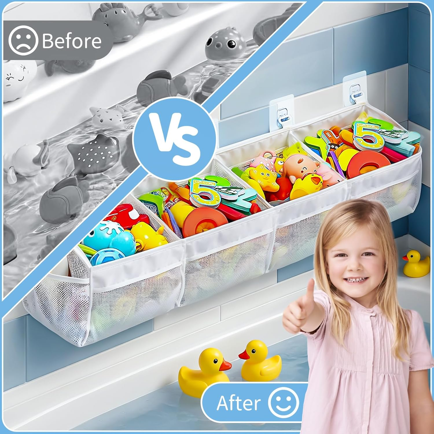 Bath Toy Storage Organizer - 4 Compartment Horizontal Large Openings Bath Toy Organizer for Tub, Capacity Upgrade Storage and Holder, Bathtub Toy Holder for Easy Access and Sorting of Toys