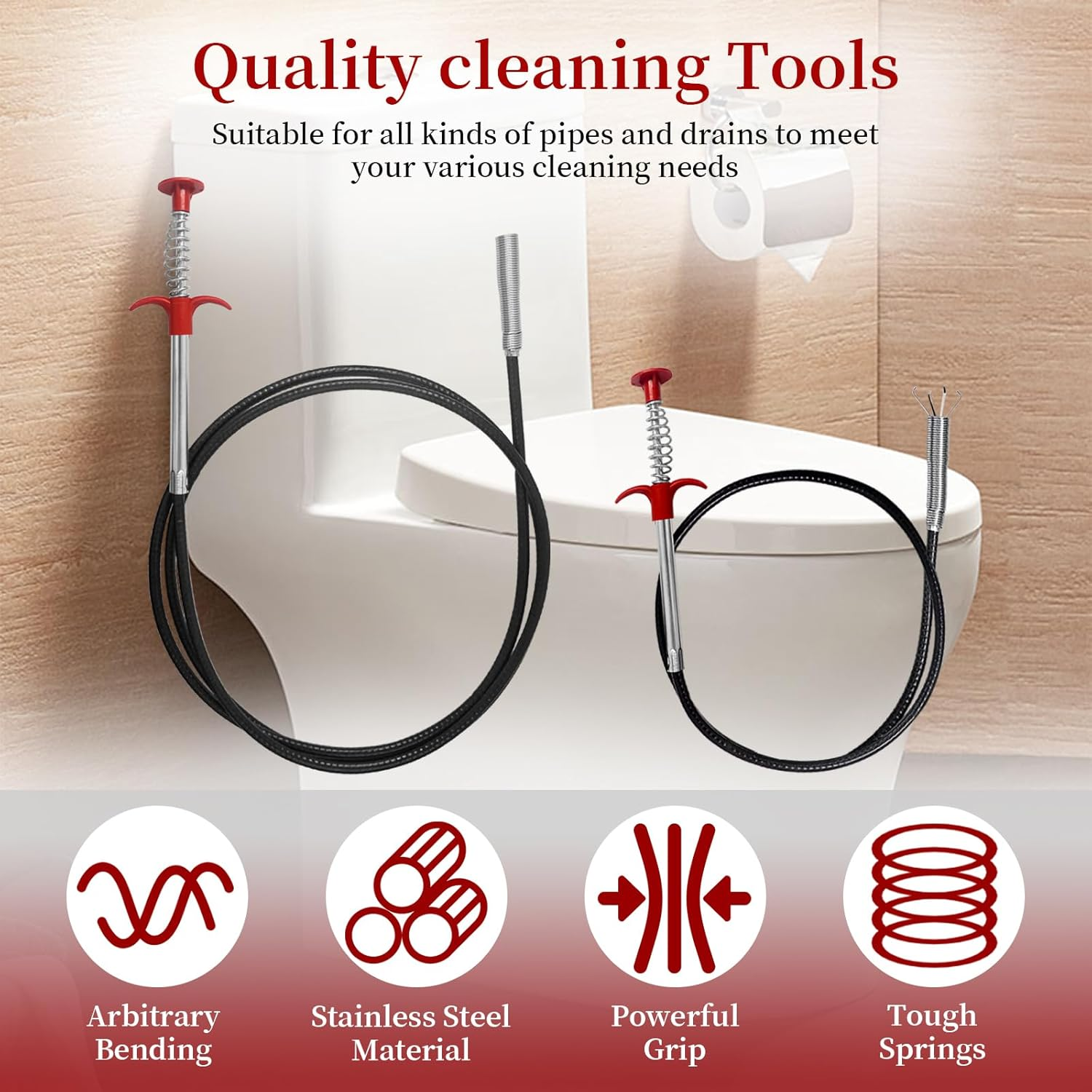 Pack of 2 Drain Spiral 90 Cm / 200 Cm, Flexible Gripper Claw Gripper, Pipe Cleaning Spiral, Stainless Steel Flexible Telescopic Gripper for Kitchen, Bathroom and Sewage Channels