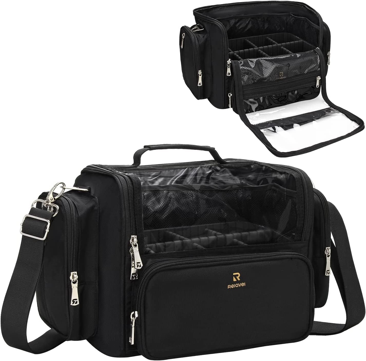 Makeup Brush Bag, Clear Makeup Brush Holder with Lid, Extra Large Capacity Travel Cosmetic Bag Makeup Artist Must Haves, Black Makeup Case, Make up Organizers and Storage, with Adjustable Dividers image number 5