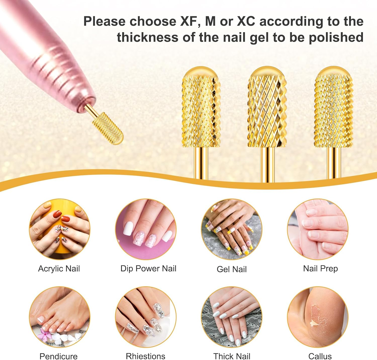 Nail Drill Bits Cuticle 3Pcs Gold Safety Bits for Nail Drill Tapered Barrel Carbide Nail Drill Bits 3 Sizes Nail Drill Bits Set for Electric Drill Manicure Pedicure Cuticle(Xc & M & XF) image number 1