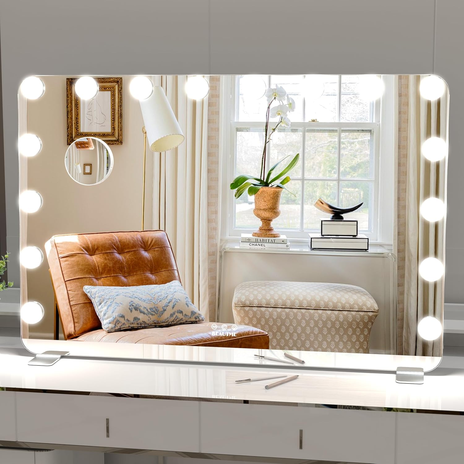 LETSFIELD Hollywood Mirror 91 X 62 Cm, Large Vanity Mirror with 16 Dimmable Lights for Bedroom, Desk Mirror or Wall Mounted Makeup Mirror, Including 10X Magnifying Mirror (Silver)