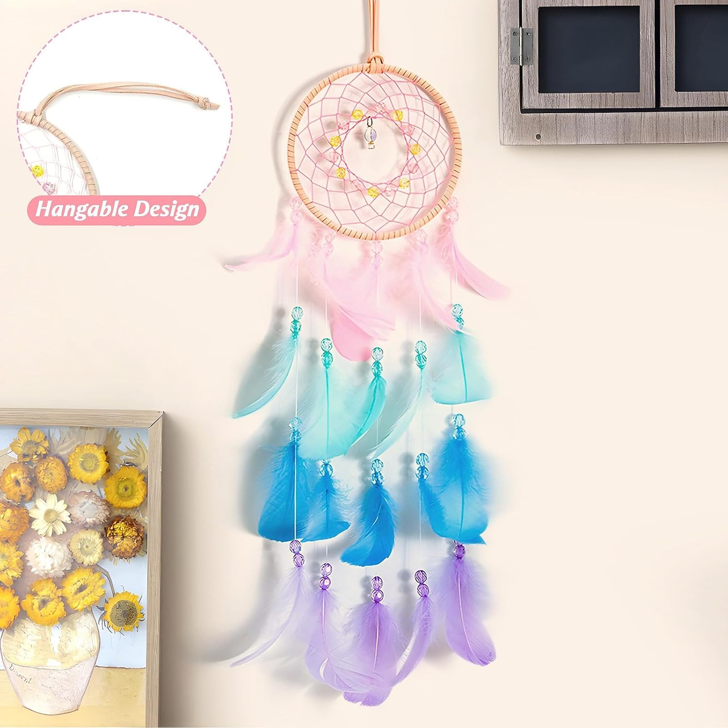 Oundarm Pink Dream Catcher Wall Hanging Ornament with Colorful Feathers Beads for Girls Women Kids Adults, Handmade Dream Catcher Home Decor for Window Nursery Bedrooms Accessory image number 2