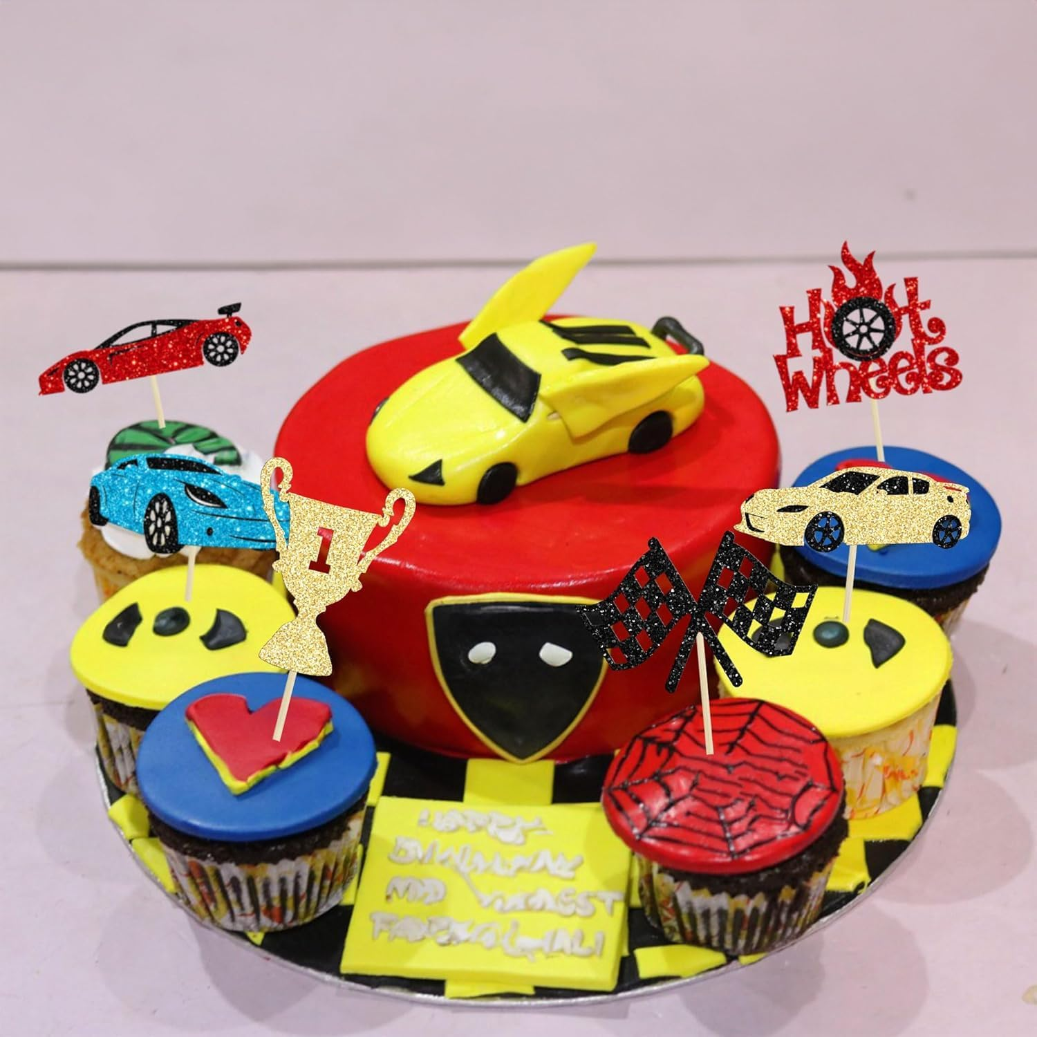 Confetti! 24Pcs Race Car Cupcake Toppers Glitter Traffic Light Steering Wheel Trophy Flag Racing Car Cupcake Pick Decorations for Let'S Go Racing Sports Theme Birthday Party & Baby Shower image number 1