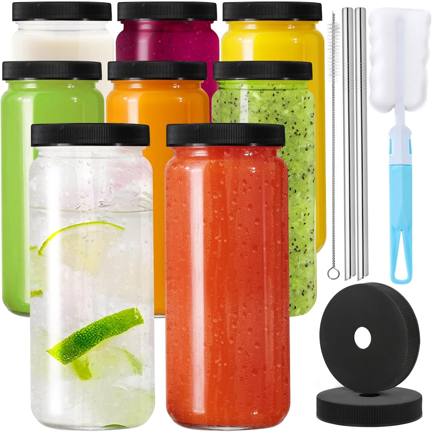 8 Pack Glass Juice Bottles, 16Oz Glass Bottles with Lids and Straws, 500Ml Smoothie Bottle, Reusable Drinking Jars Glasses for Water Milk Beverage Juice Container for Fridge Office Ggm image number 3