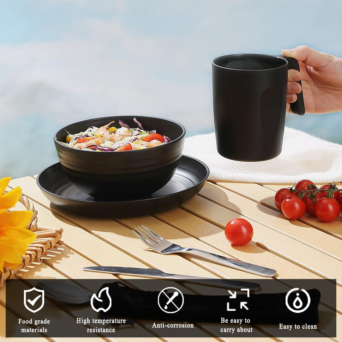 Camping Utensils, Reanea Camping Mess Kit for Travel, Camping, Picnic, Outdoor, Camping Gear Include Knife, Spoon, Fork Cutlery Set, Cup, Bowl, Plate, Camping Essentials for 1 - 4.Blue image number 4