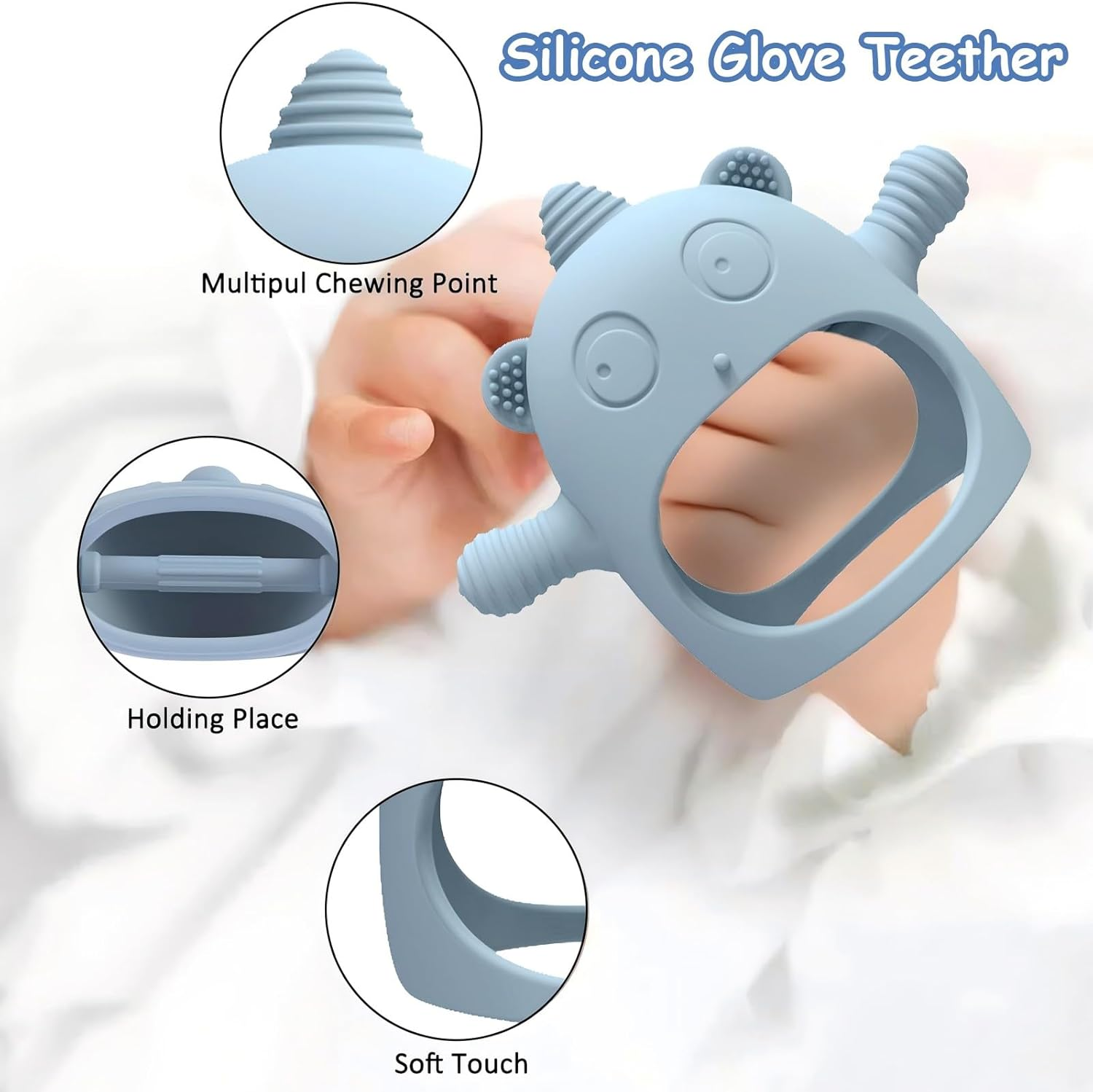 2 Pack Baby Teething Toy for 6-24 Months, Food Grade Silicone Unicorn Teething Mitten, BPA Free, Baby Chew Toys for Sucking Needs, Soothing Teething Pain Relief (Unicorn Beige & Gray Blue)