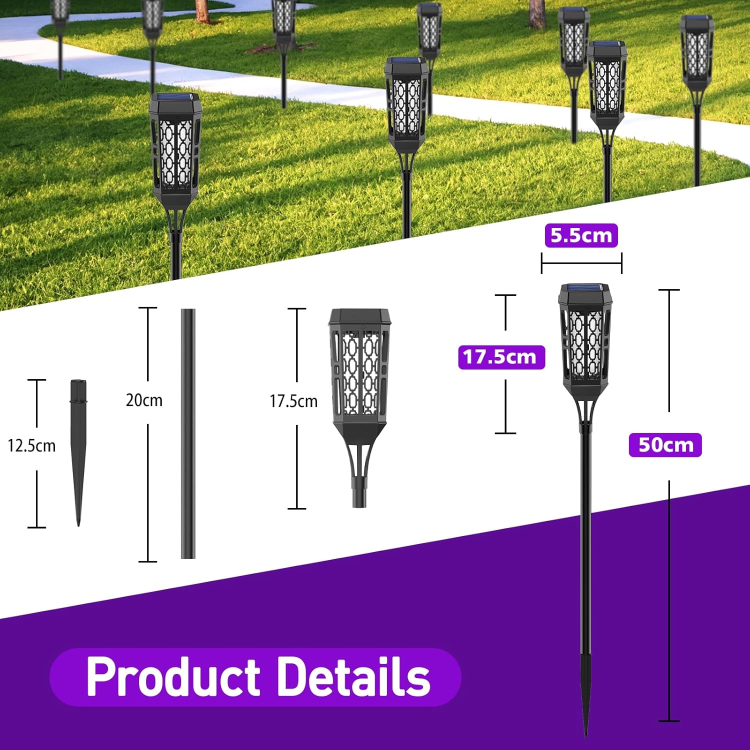 Solar Torch Flame Lights, LED Solar Lights Outdoor with Flickering Flame, IP65 Waterproof Solar Pathway Light Landscape Decoration Lighting for Garden Lawn Patio Yard Outdoor (Black+Purple, 6) image number 6