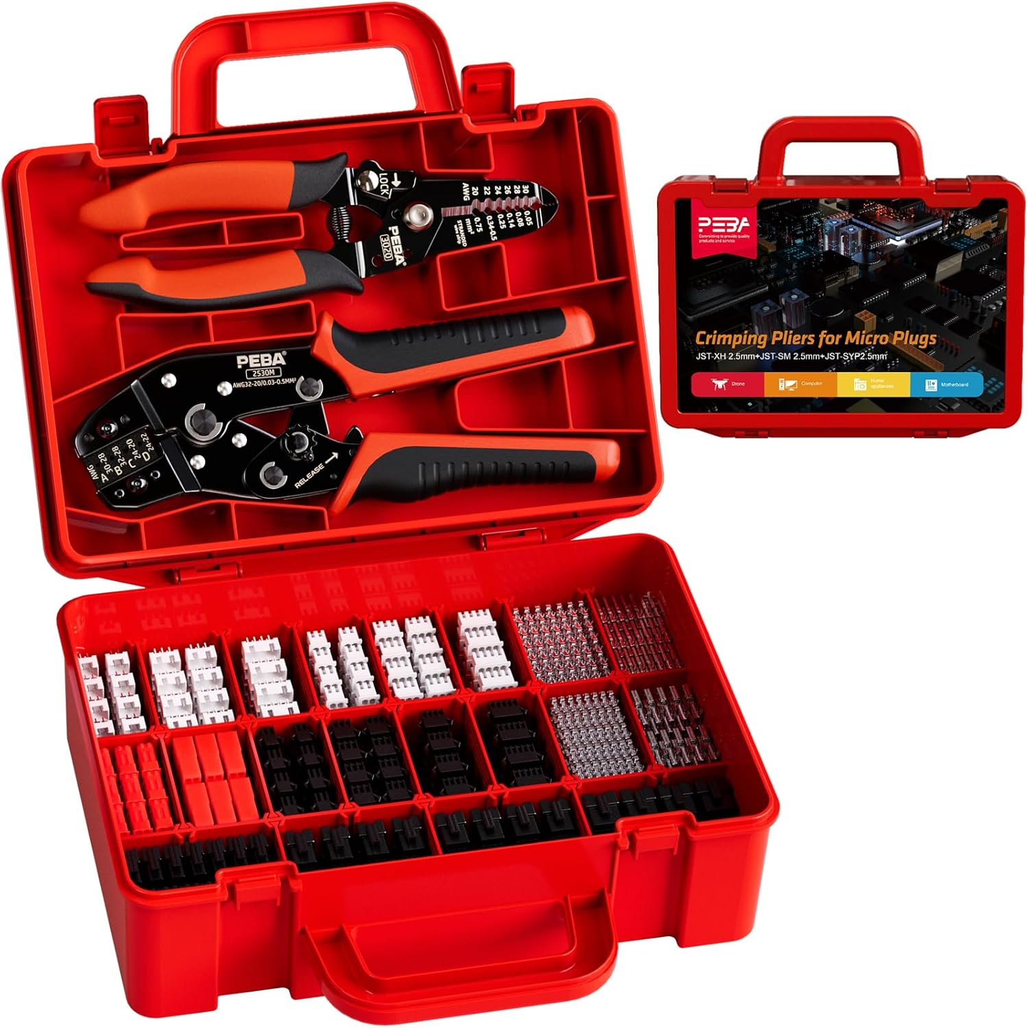 PEBA Crimp Tool Connector Kit, 20 Types JST-XH/JST-SM/JST-SYP 2.5Mm Connectors Kit, AWG32-20 Micro Connector Crimper for 3.0Mm, 2.54Mm, 2.5Mm, 2.0Mm Pitch JST, Dupont, Molexte Open Barrel Terminals image number 4